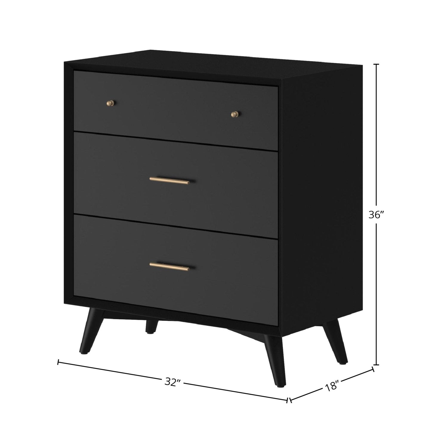 Flynn Small Chest in black, featuring three spacious drawers and Mid-Century Modern design.
