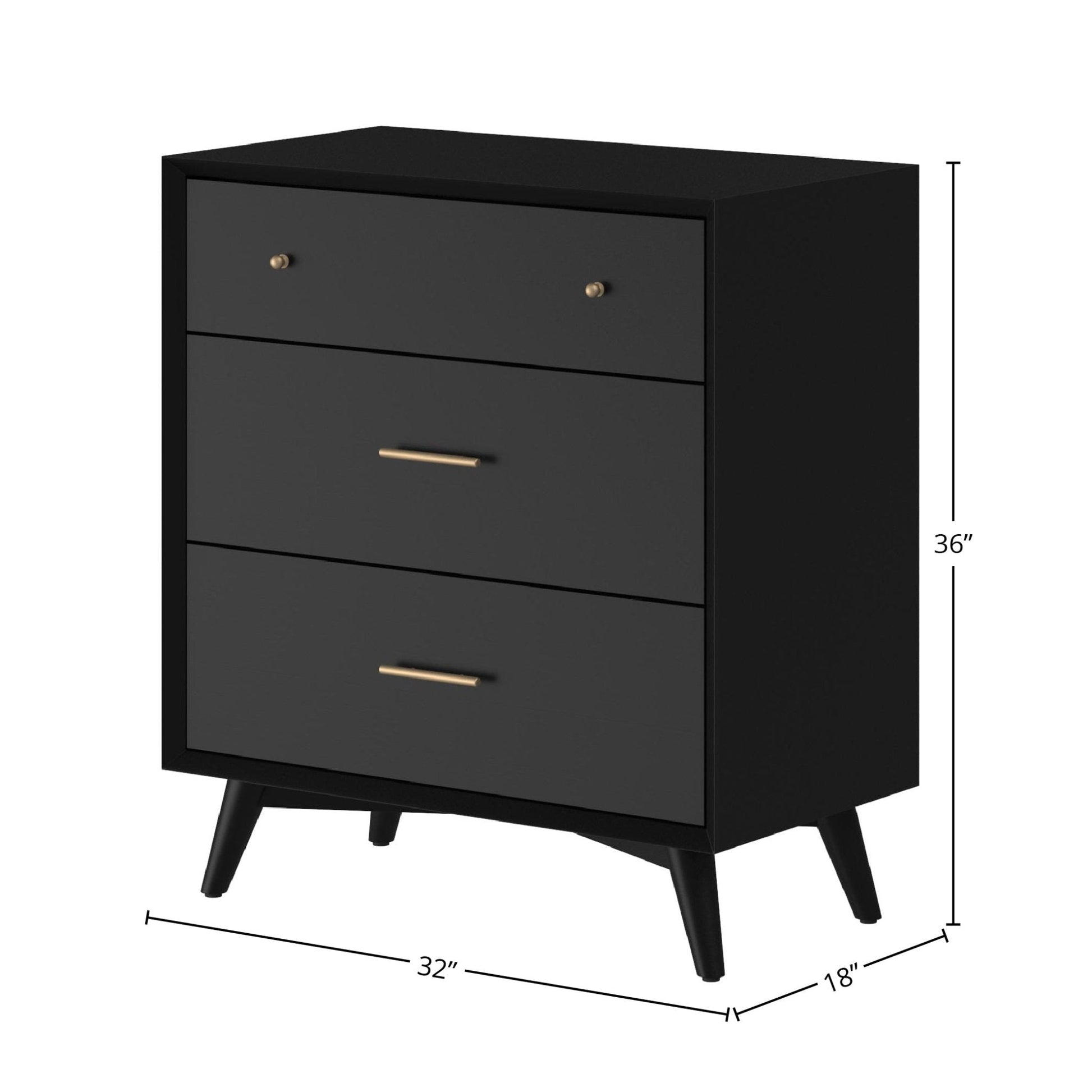 Flynn Small Chest in black, featuring three spacious drawers and Mid-Century Modern design.