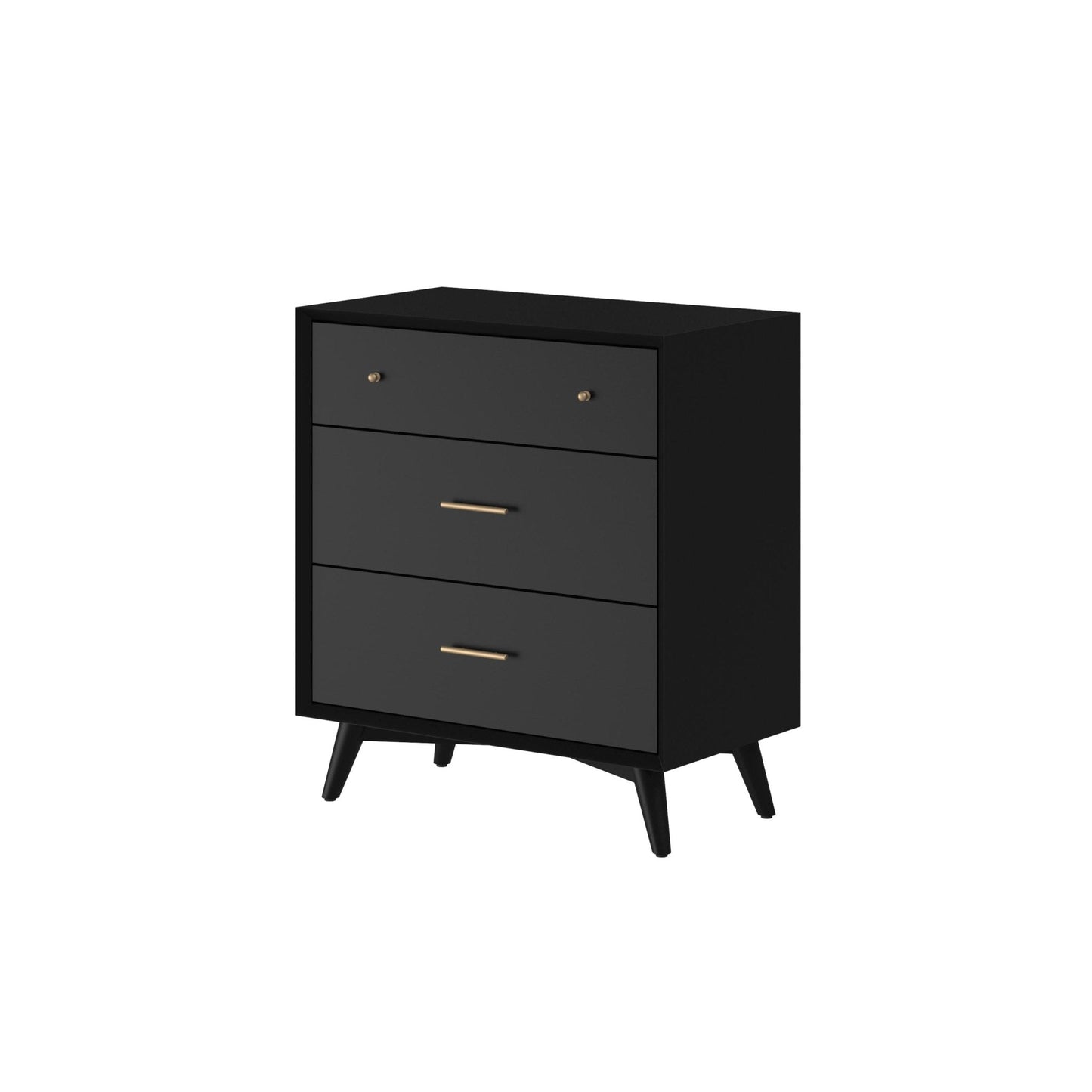 Flynn Small Chest in black featuring three spacious drawers and sleek Mid-Century Modern design.