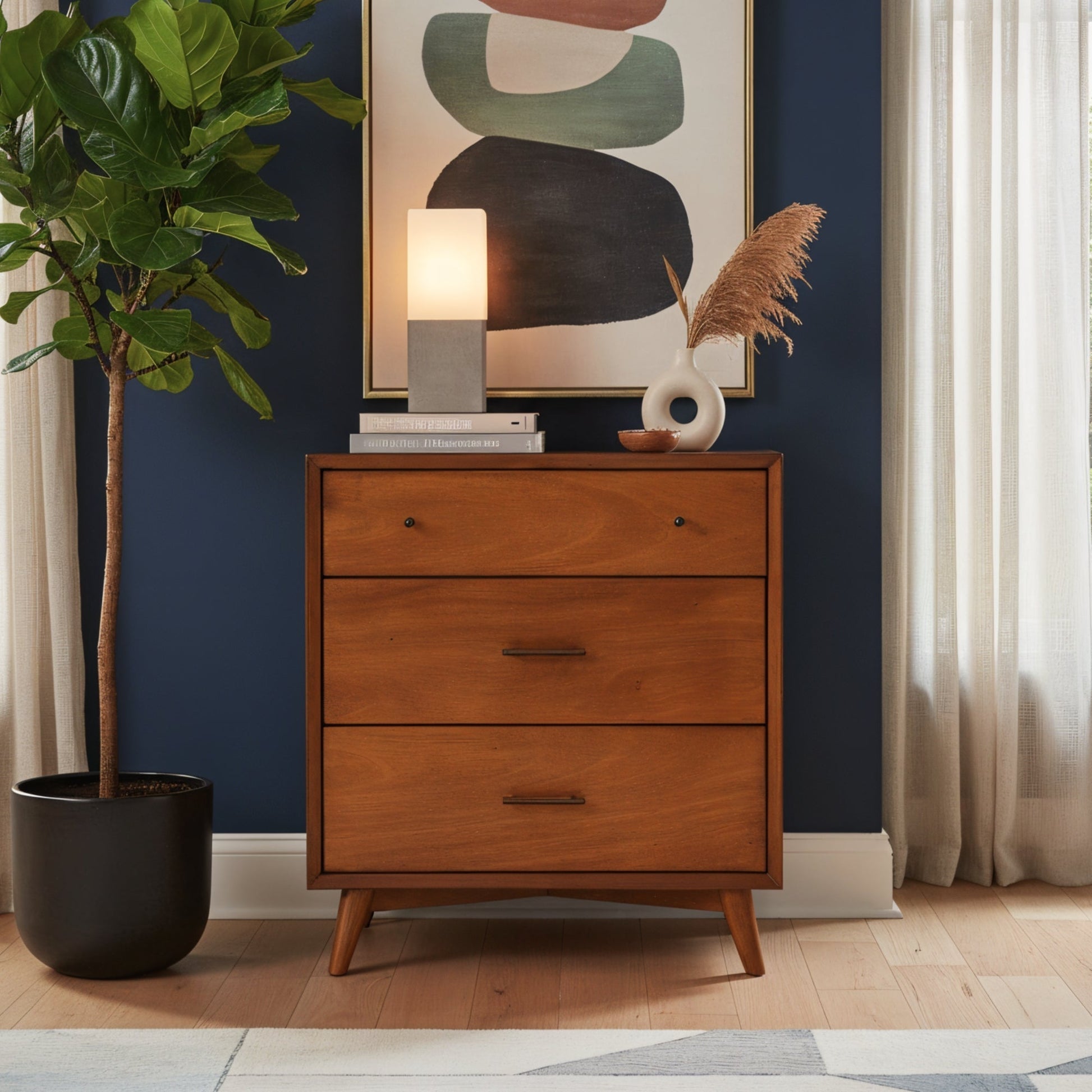 Flynn Small Chest in chestnut finish, styled with decorative items and a plant against a blue wall.