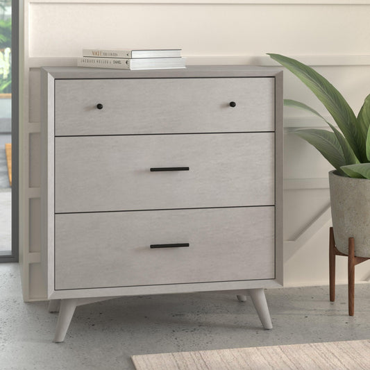 Flynn Small Chest in gray with three drawers, featuring Mid-Century Modern design and sturdy construction.