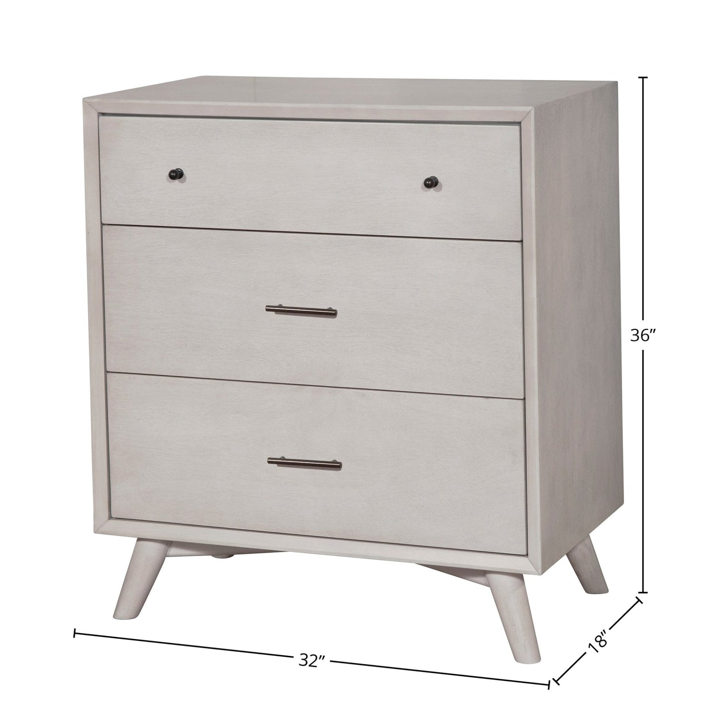 Flynn Small Chest in gray with three drawers, showcasing a Mid-Century Modern design for stylish storage.