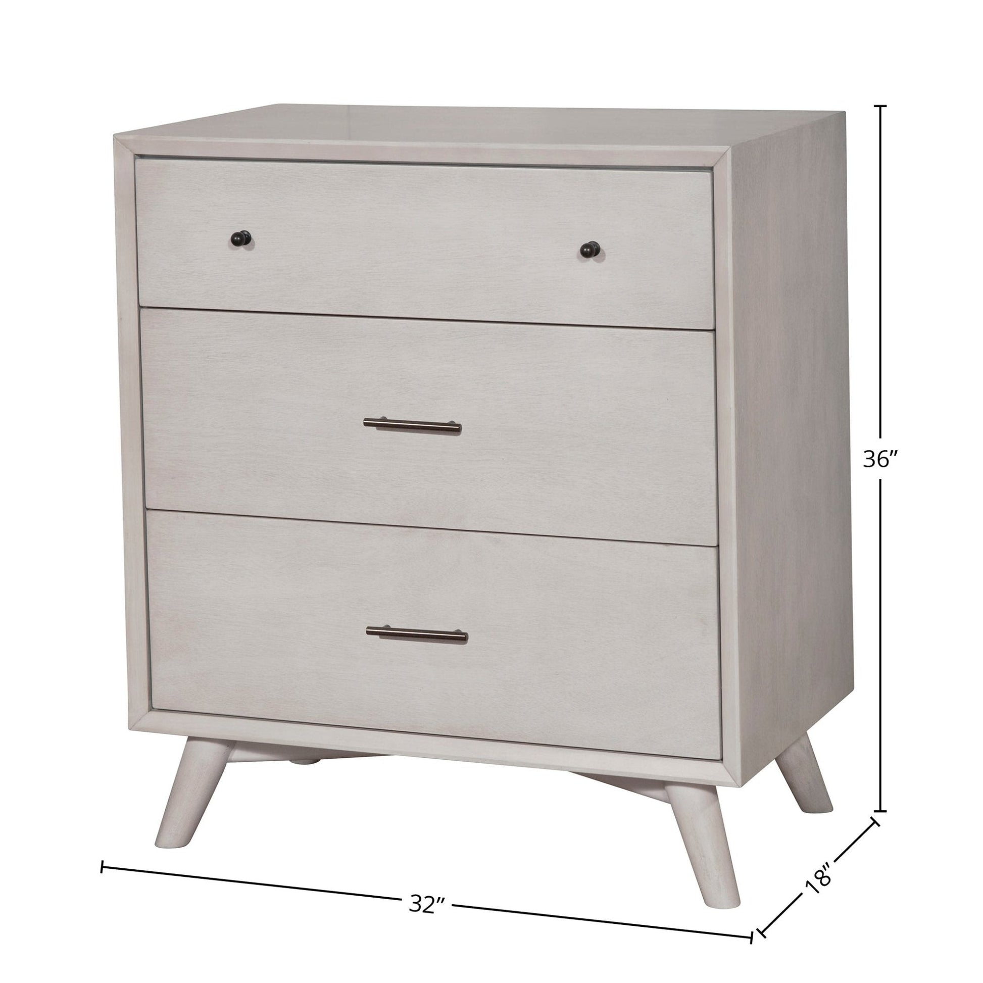 Flynn Small Chest in gray with three drawers, showcasing a Mid-Century Modern design for stylish storage.