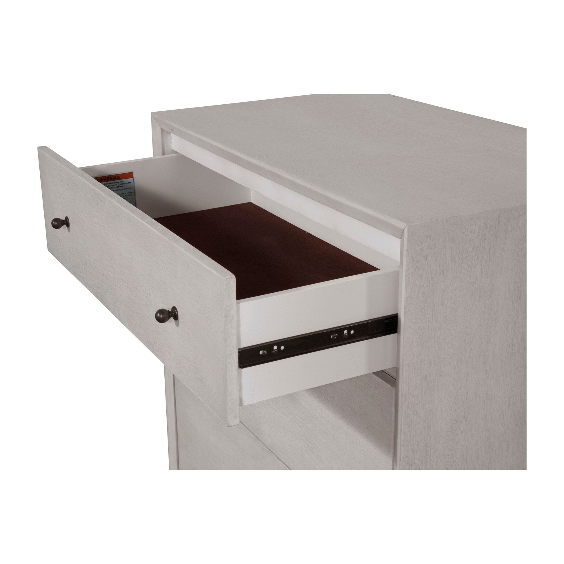 Flynn Small Chest with an open drawer showcasing its interior and sturdy construction.