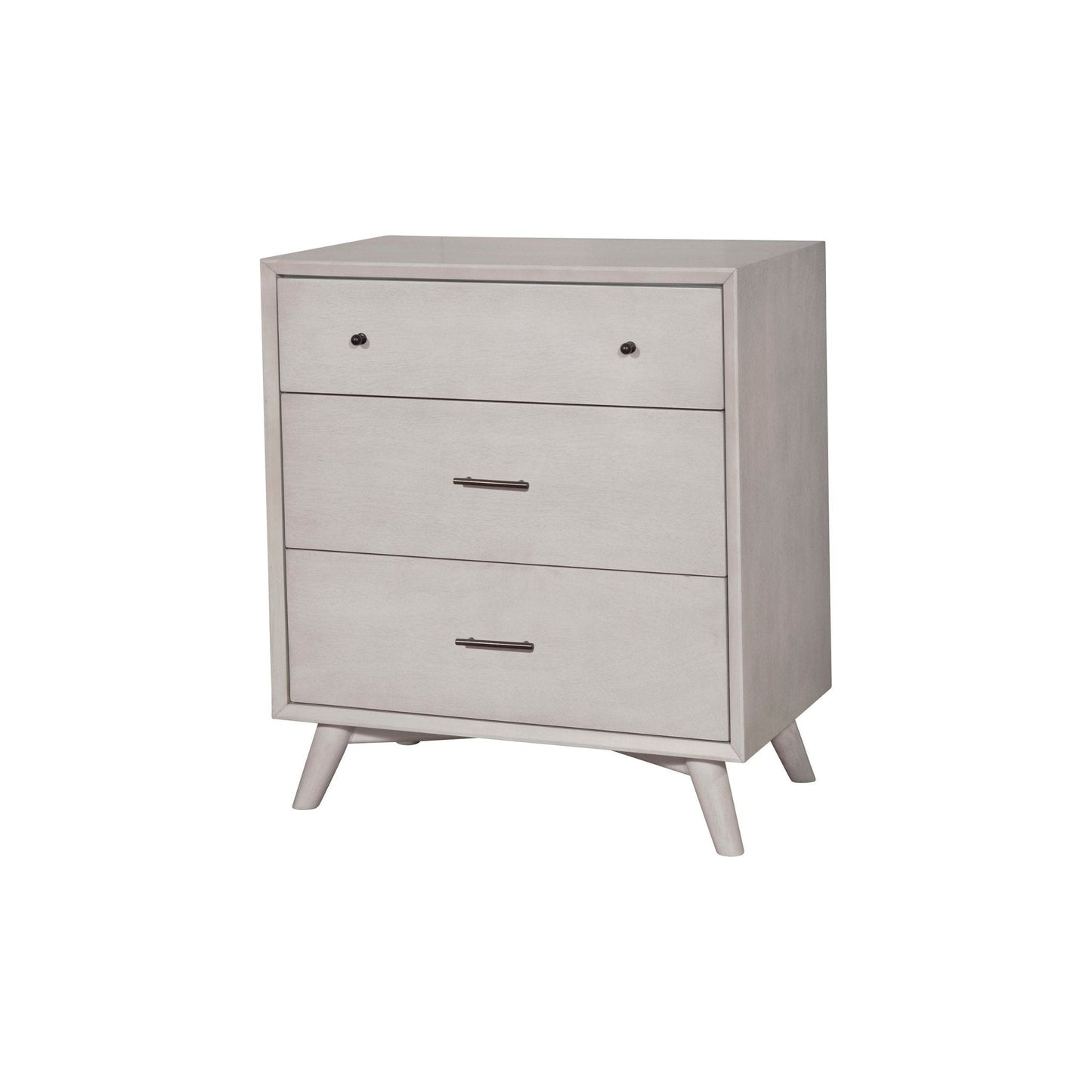 Flynn Small Chest in gray finish with three drawers and Mid-Century Modern design, perfect for stylish storage.