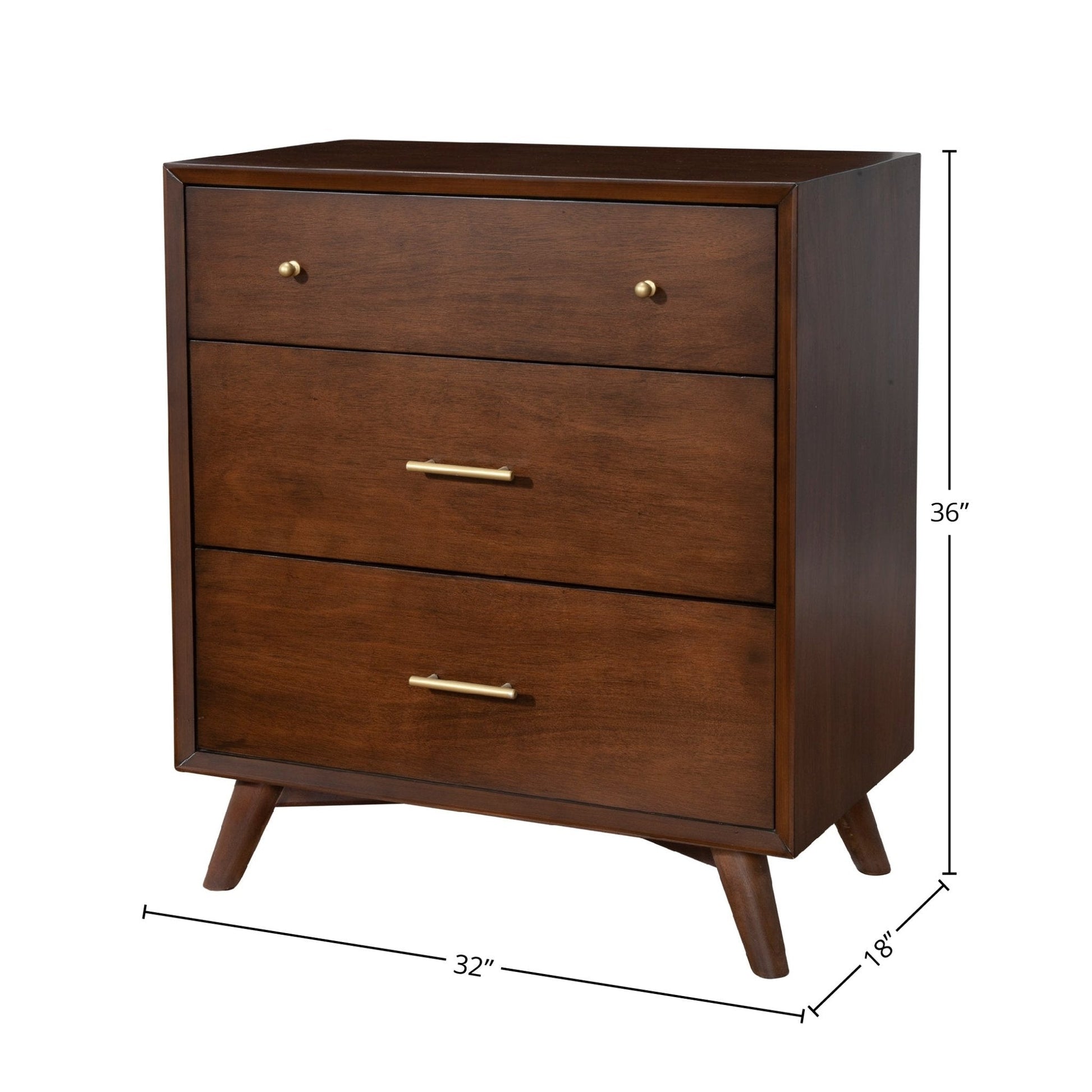 Flynn Small Chest in walnut finish featuring three drawers and Mid-Century Modern design, dimensions 32x18x36 inches.