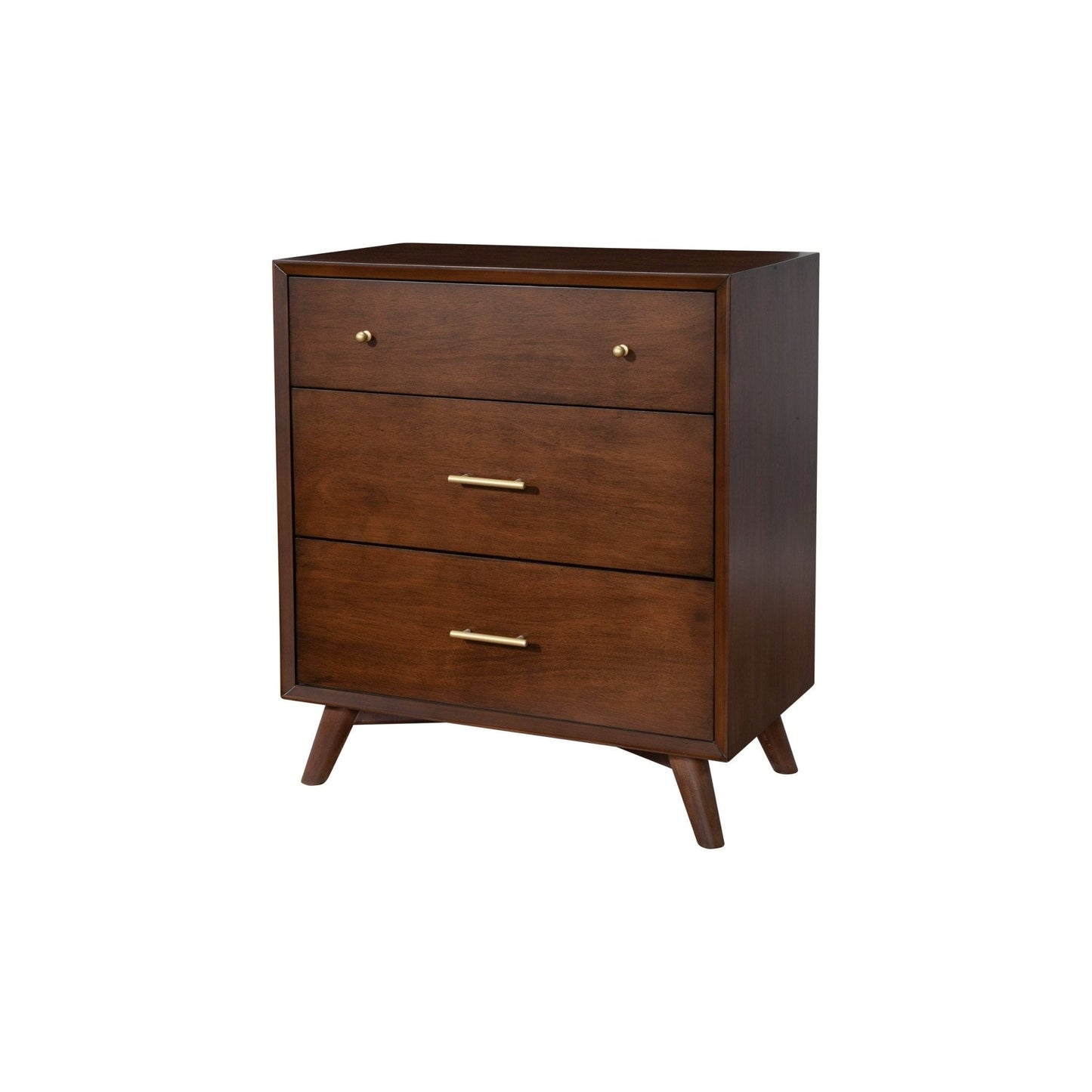 Flynn Small Chest in Walnut finish with three drawers and Mid-Century Modern design.