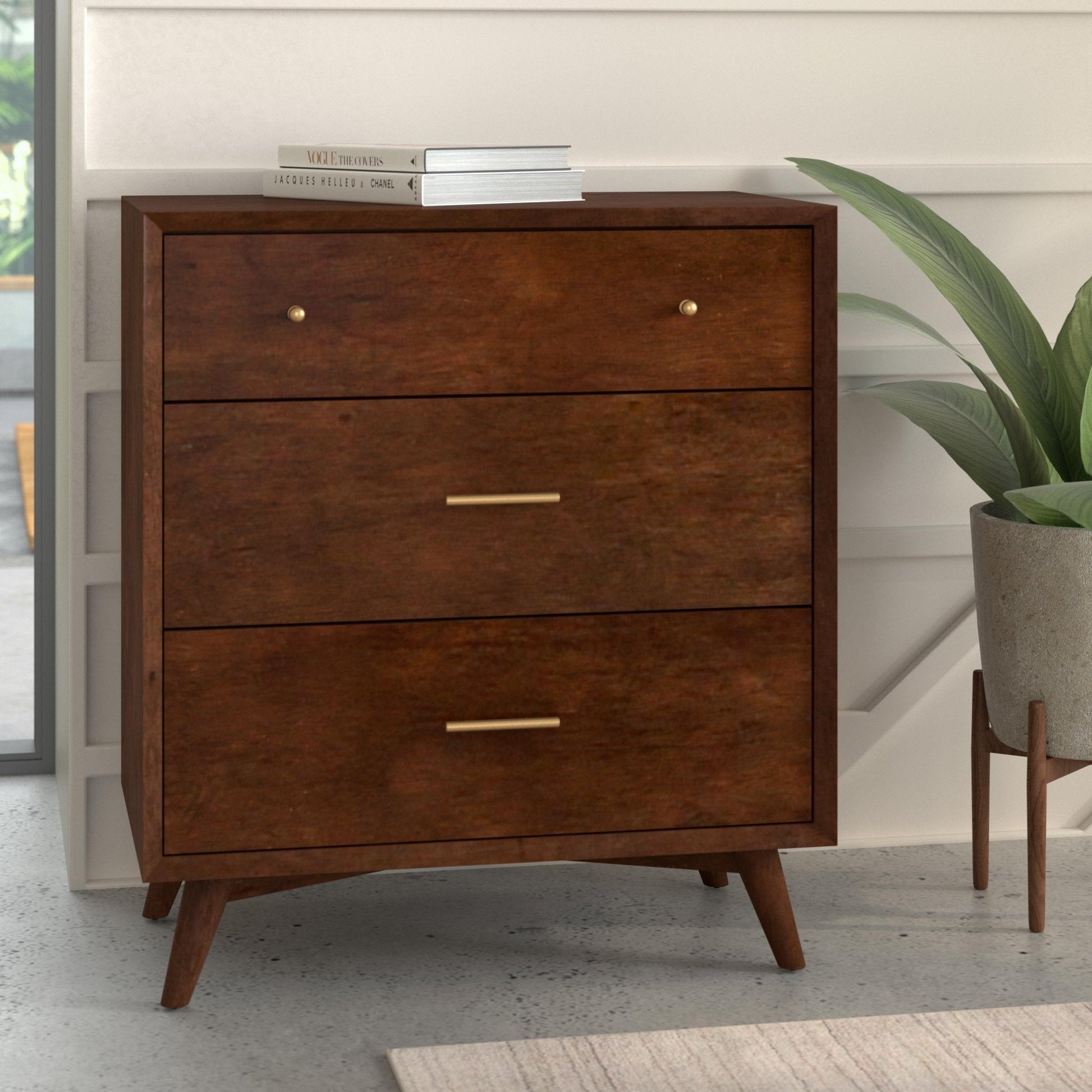 Flynn Small Chest in Walnut finish with three drawers, perfect for Mid-Century modern decor.
