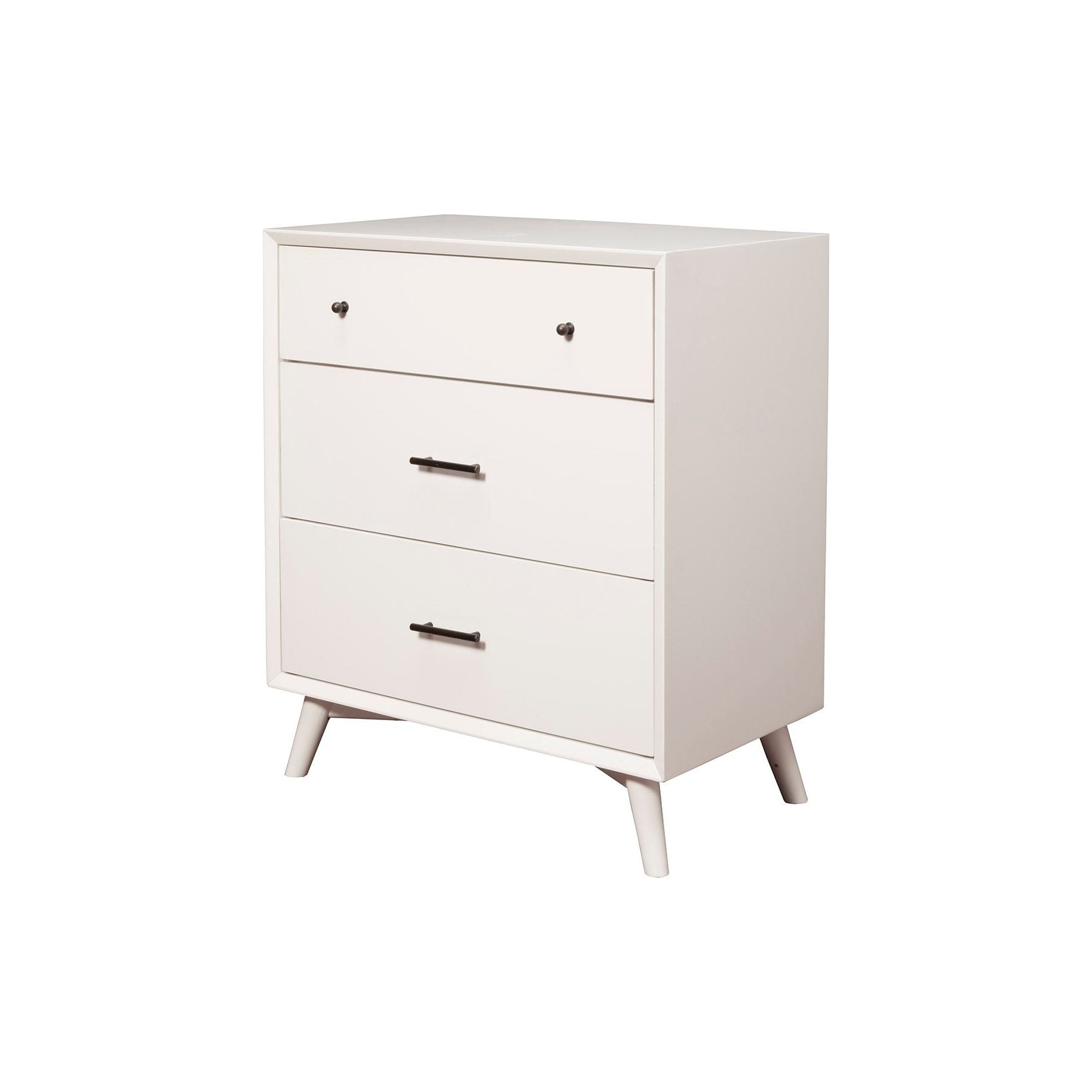 Flynn Small Chest in white with three spacious drawers and classic Mid-Century Modern design.