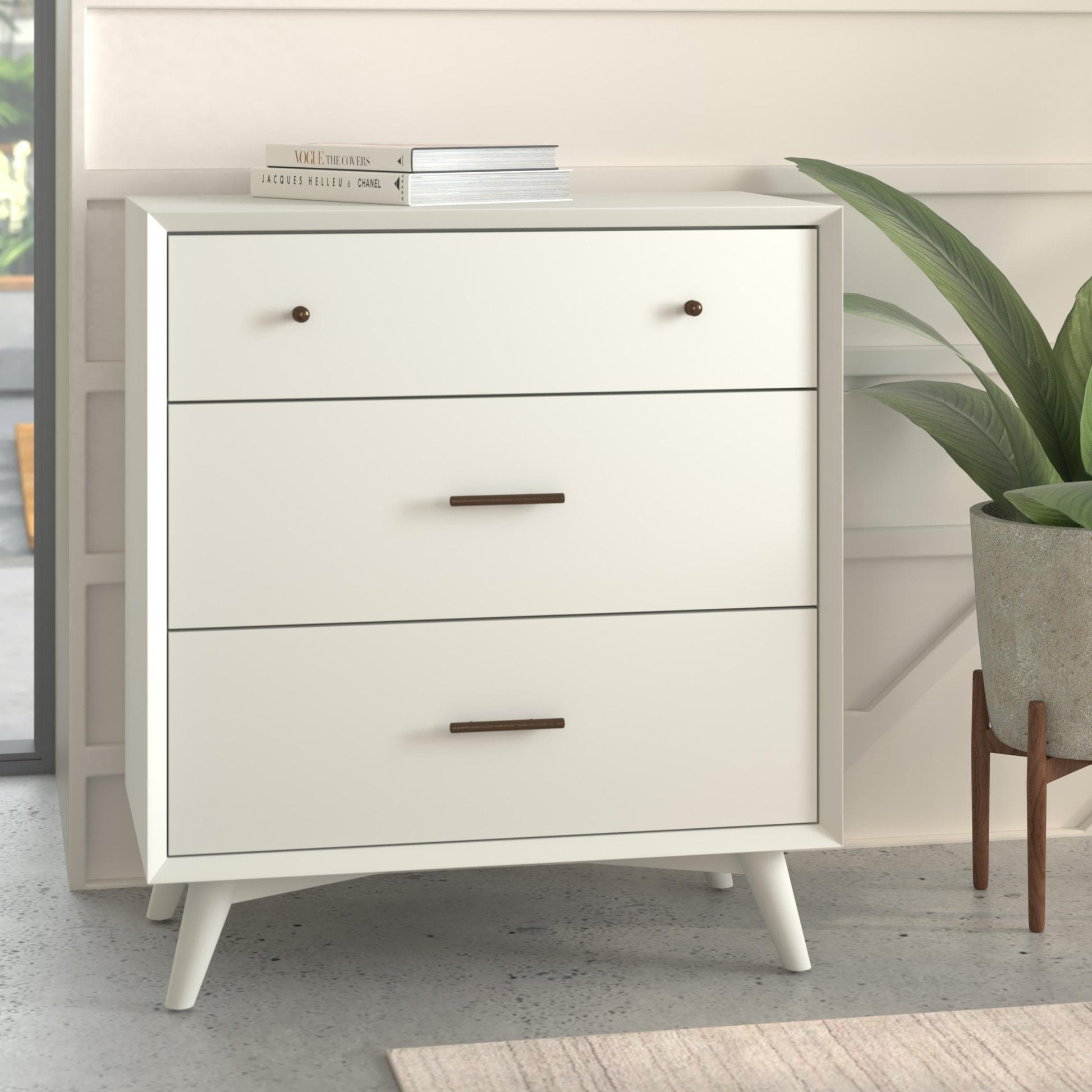 Flynn Small Chest in white, showcasing Mid-Century Modern design with sturdy mahogany construction and spacious storage.