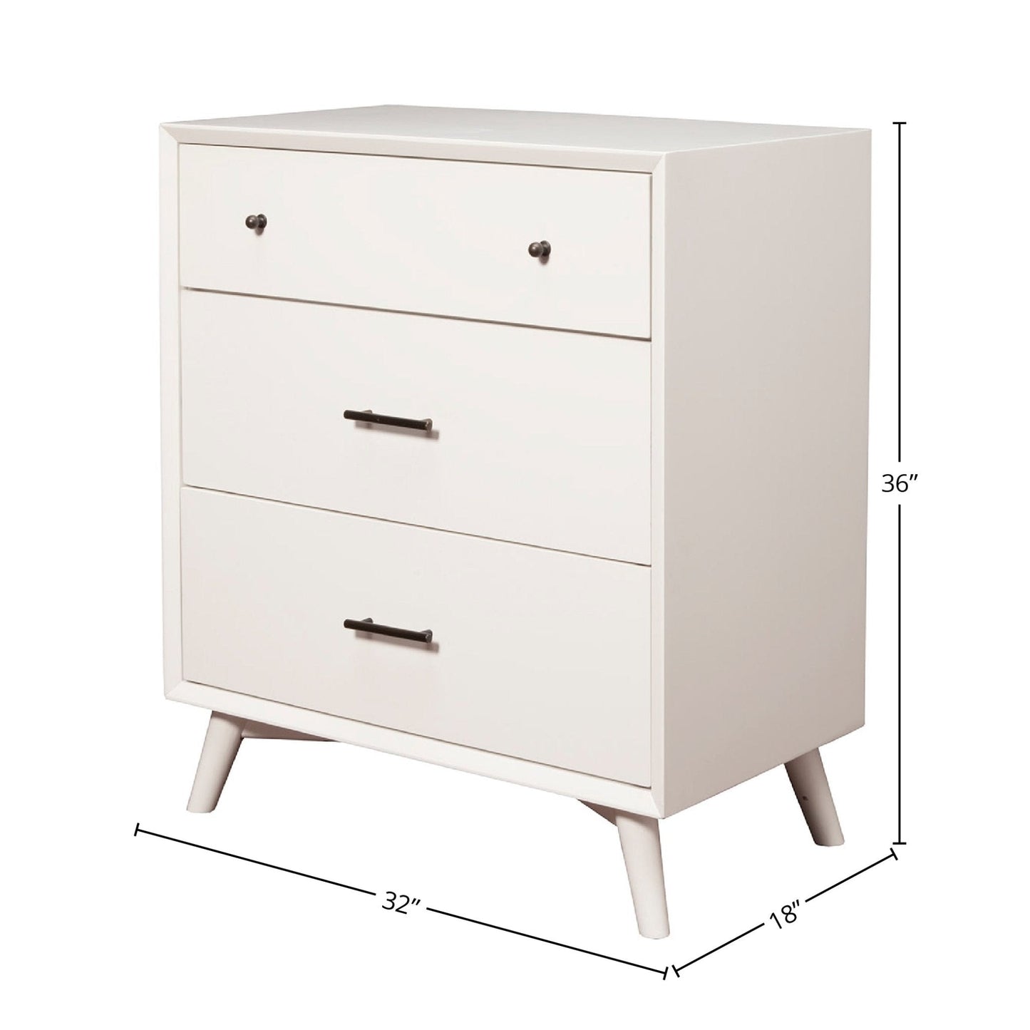 Flynn Small Chest in white with three drawers, showcasing Mid-Century Modern design and dimensions of 32x18x36 inches.