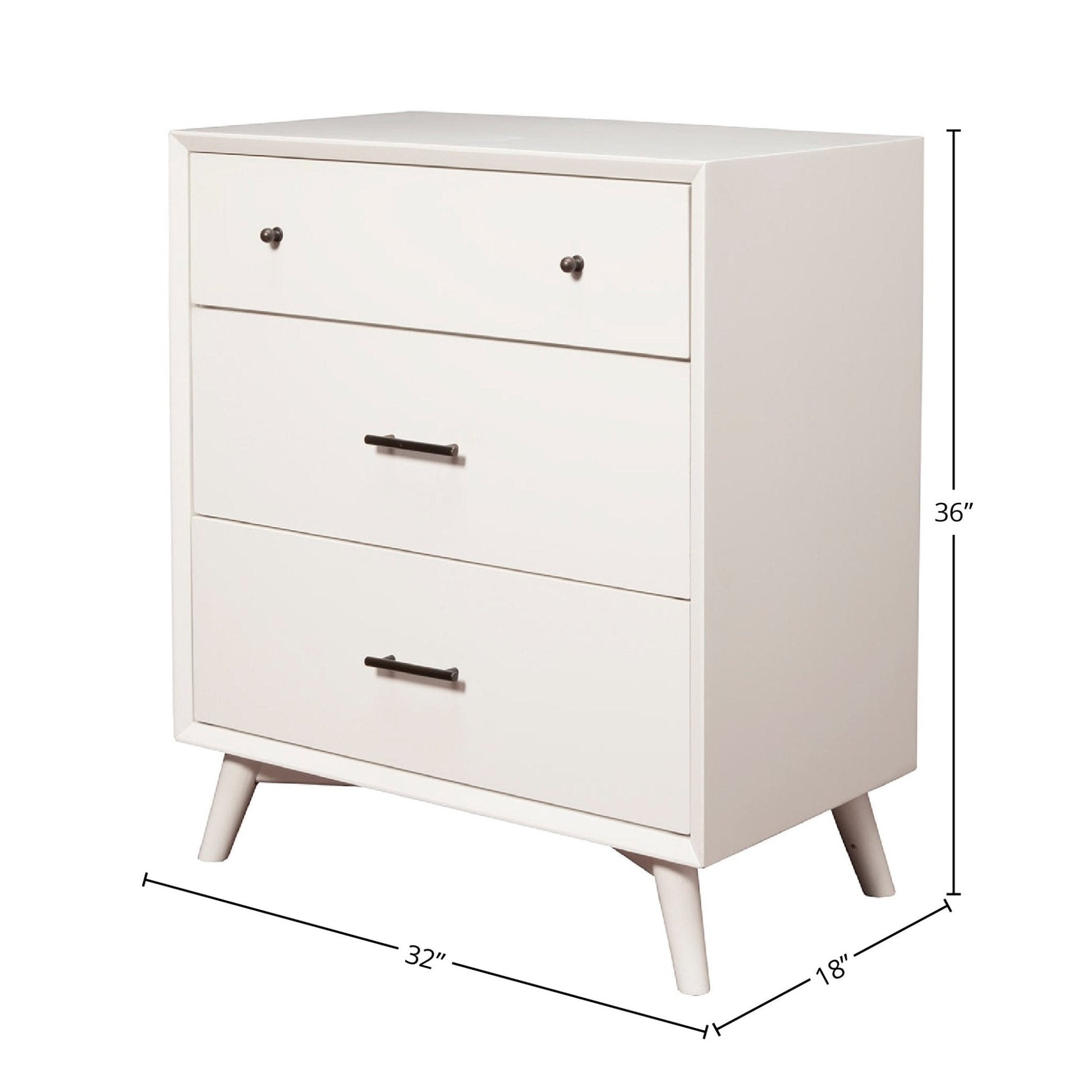 Flynn Small Chest in white with three drawers, showcasing Mid-Century Modern design and dimensions of 32x18x36 inches.