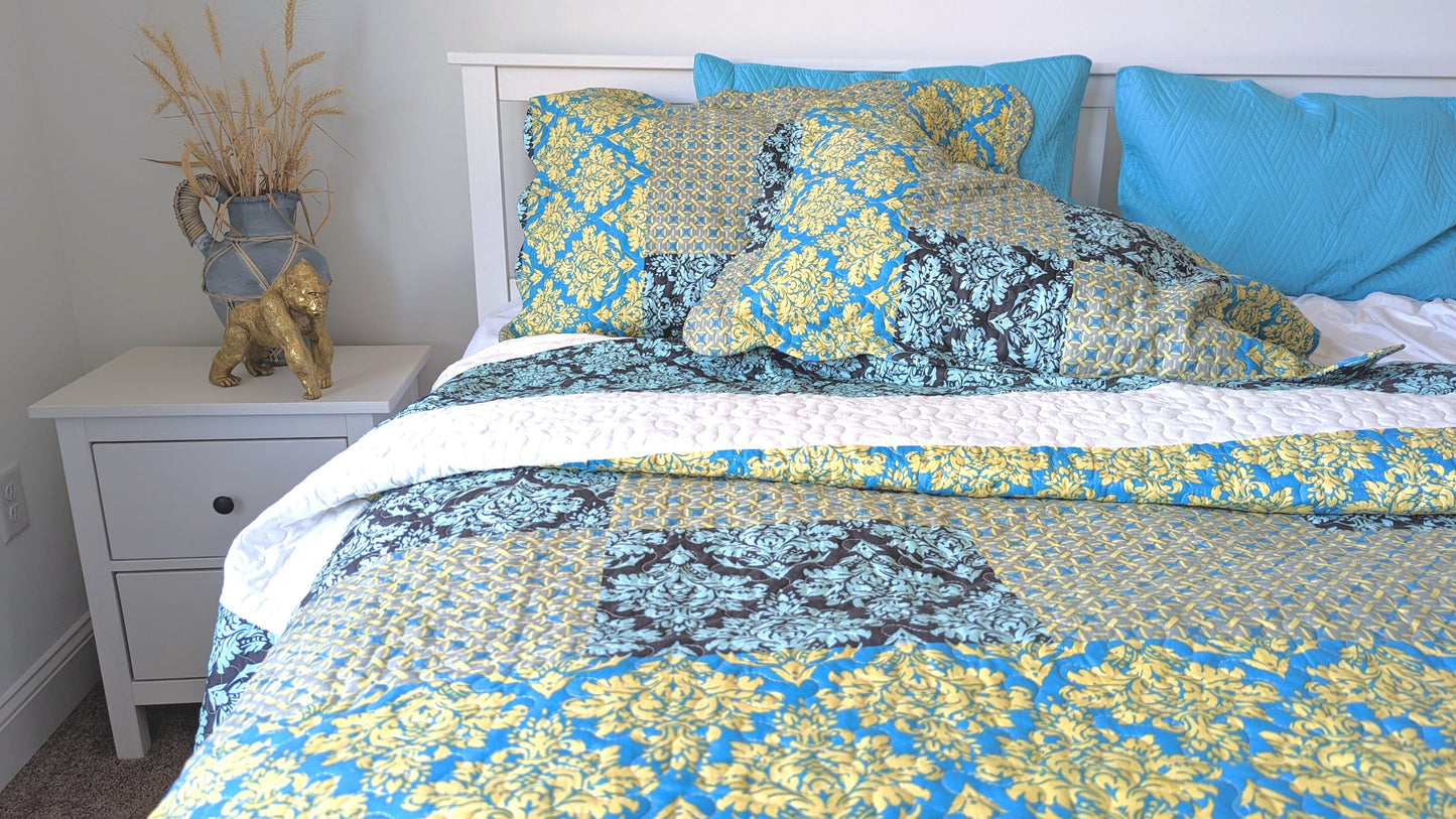 Tache Damask Ornate Baroque Teal Turquoise Blue Green Scalloped Quilt Set (SD-3300)