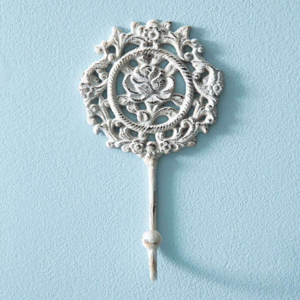 French Country Rose Wall Hook in White Cast Iron (Set of 2)