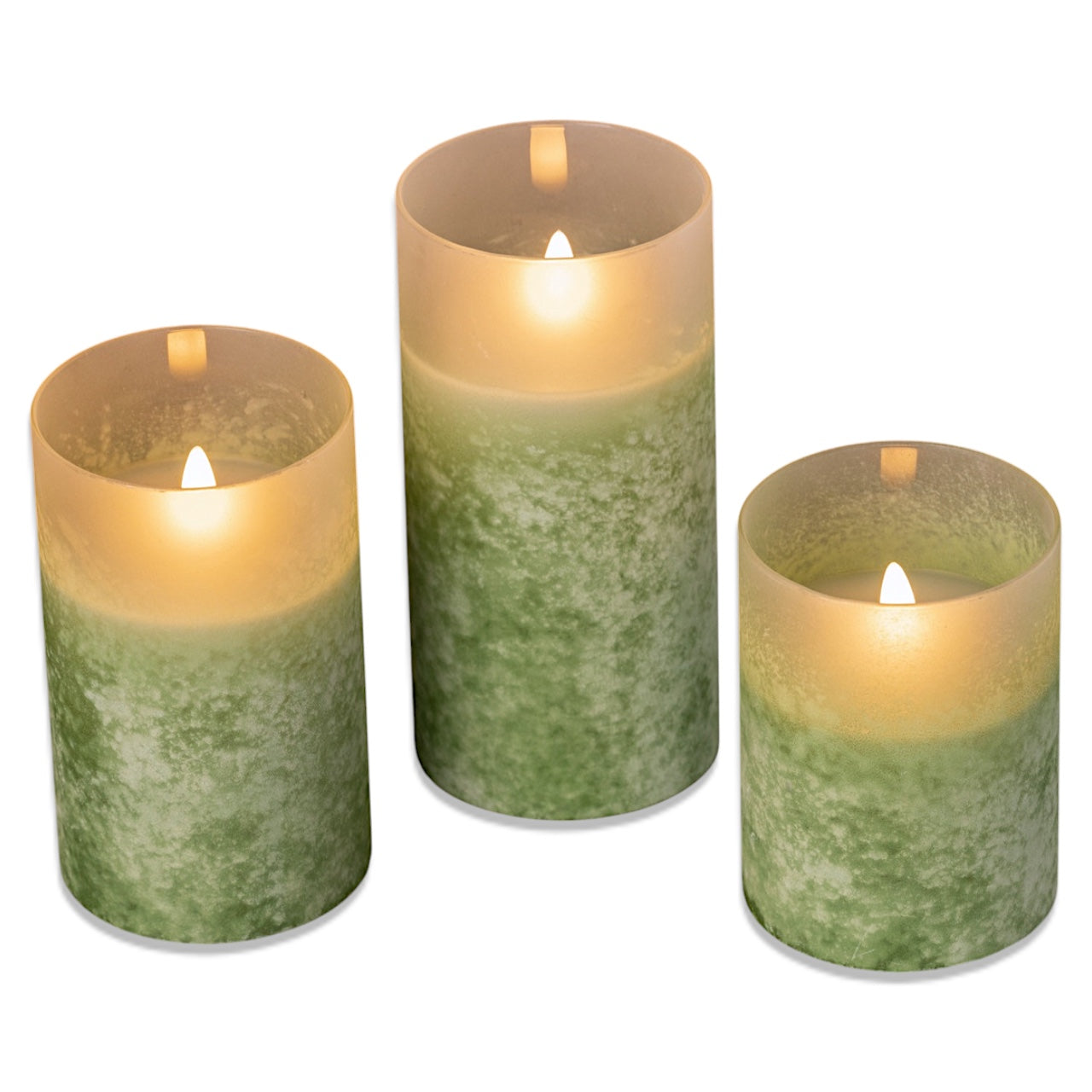 Green Frosted Glass LED Flickering Flame Candle | 3 Sizes