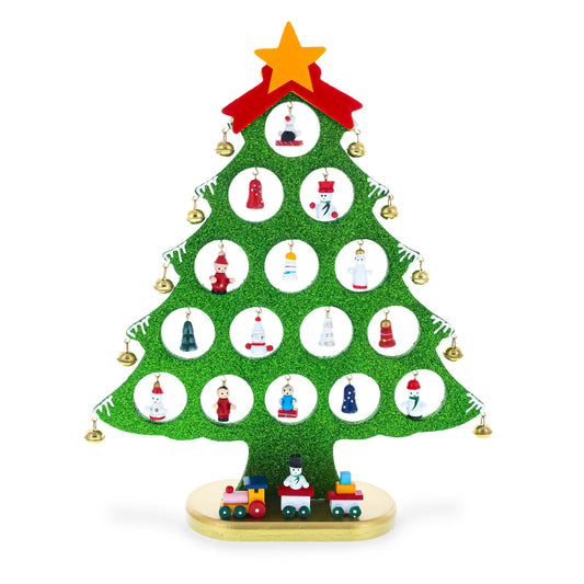 Wooden Tabletop Christmas Tree with 25 Miniature Ornaments and Train Base 12 Inches