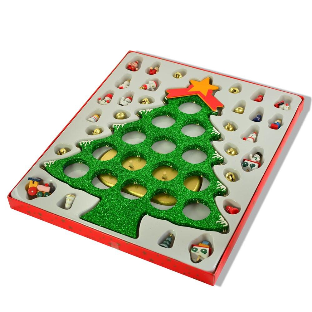 Wooden Tabletop Christmas Tree with 25 Miniature Ornaments and Train Base 12 Inches