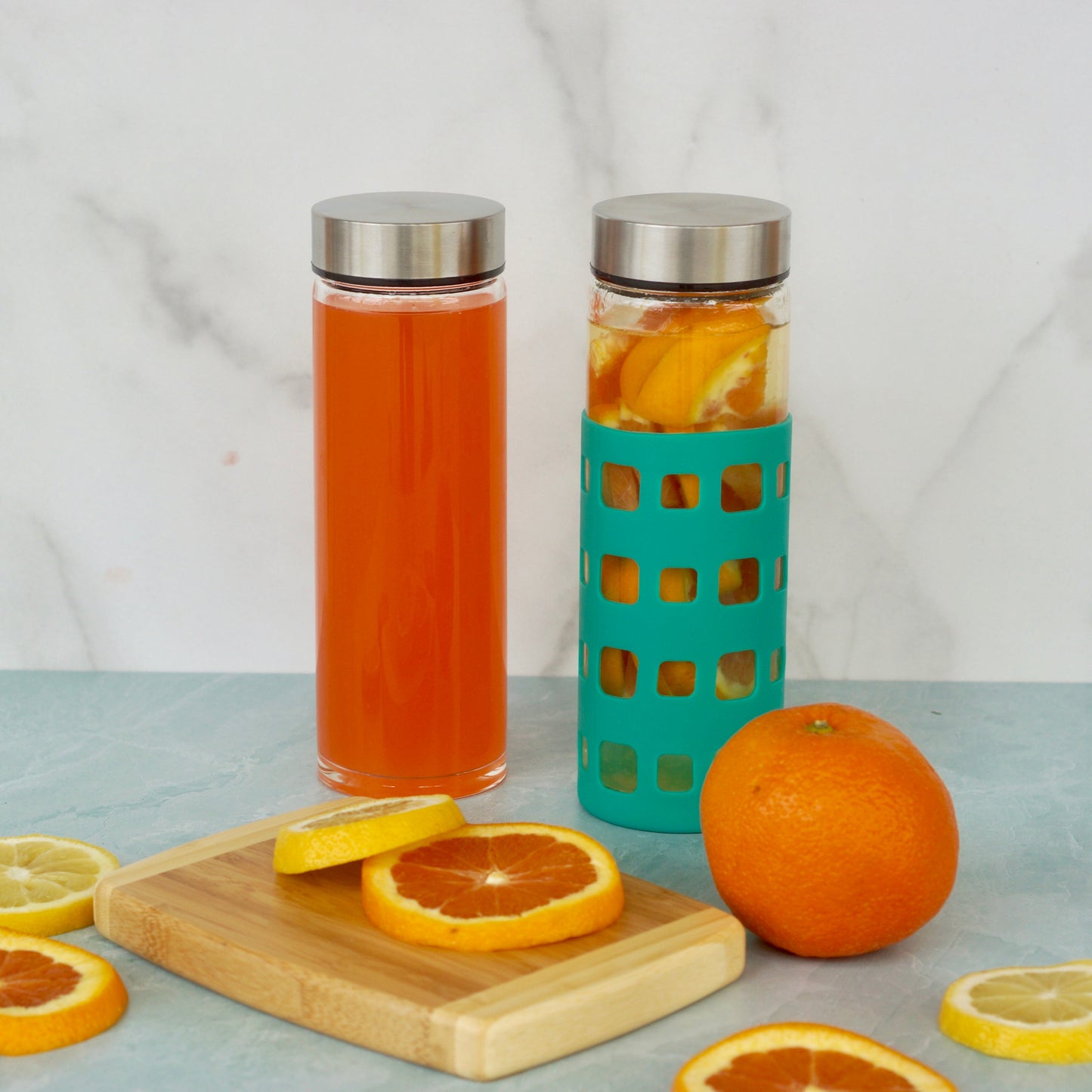 Skinny Series Wide Mouth Glass Bottles Set w/ Stainless Steel Lids, 16 oz