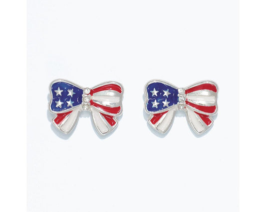 Patriotic Enamel Bow Earrings with Crystals