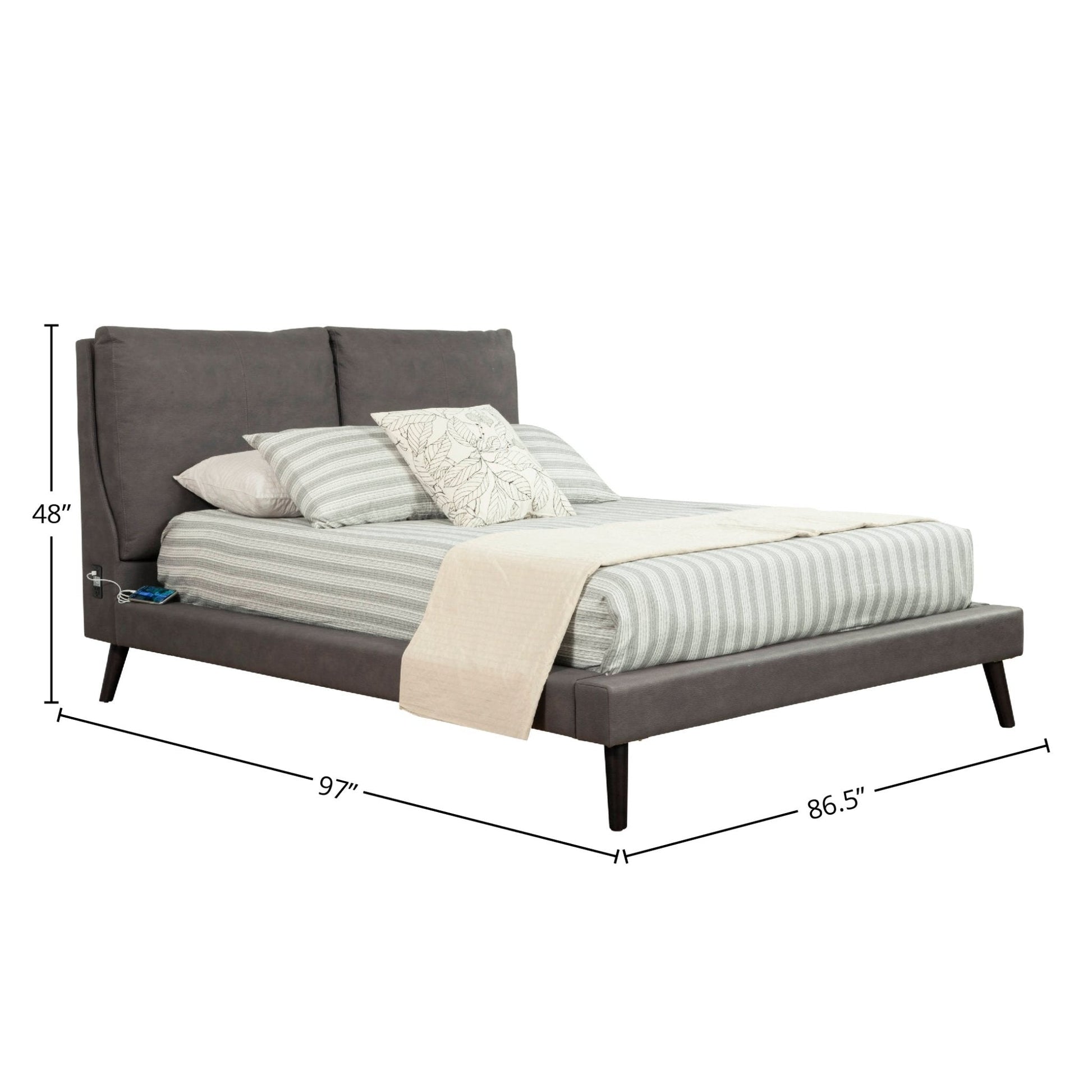 Gabriela Platform Bed featuring plush gray upholstery, sleek design, and USB ports for modern comfort.