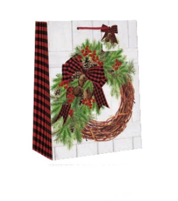 Country Christmas Gift Bag - Medium - Rustic Wreath