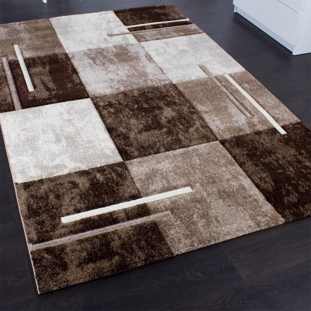 Geometric Designer Rug with Contour Cut - Brown Cream