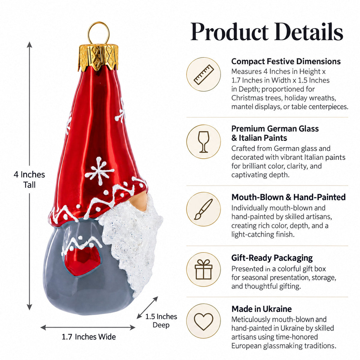Scandinavian Gnome Elf Glass Christmas Ornament