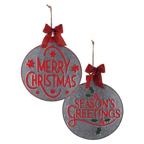 Lg Round Galvanized Holiday Ornament 2 Asstd.