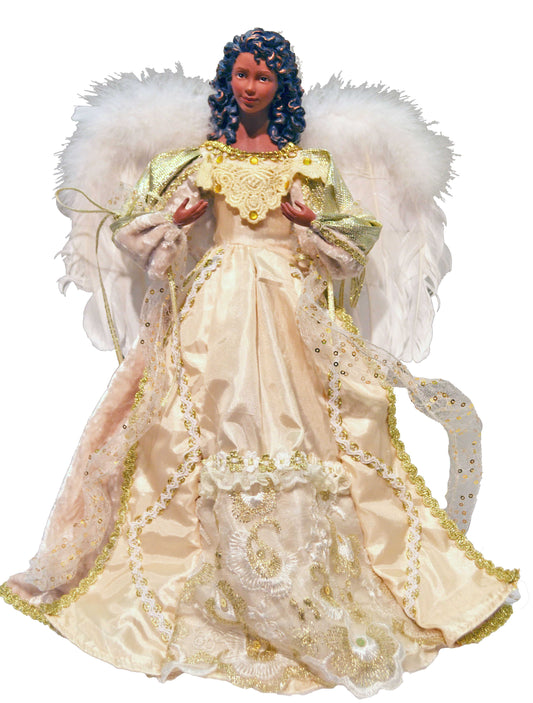 African American Angel Tree Topper - Gold/White - 16 Inch