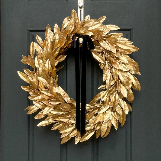 Gold Bay Leaf Christmas Wreath with Black Velvet Bow