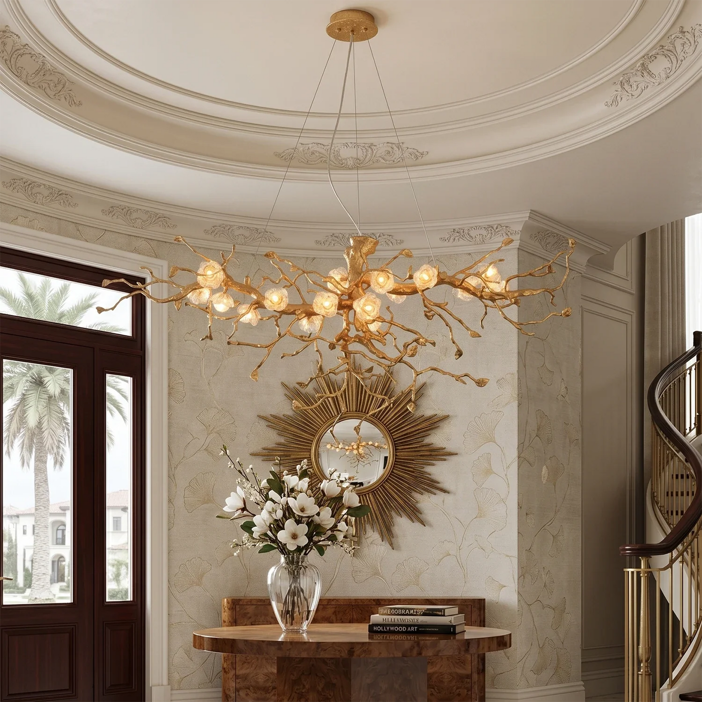 Golden Tree Branch Glass Flower Chandelier