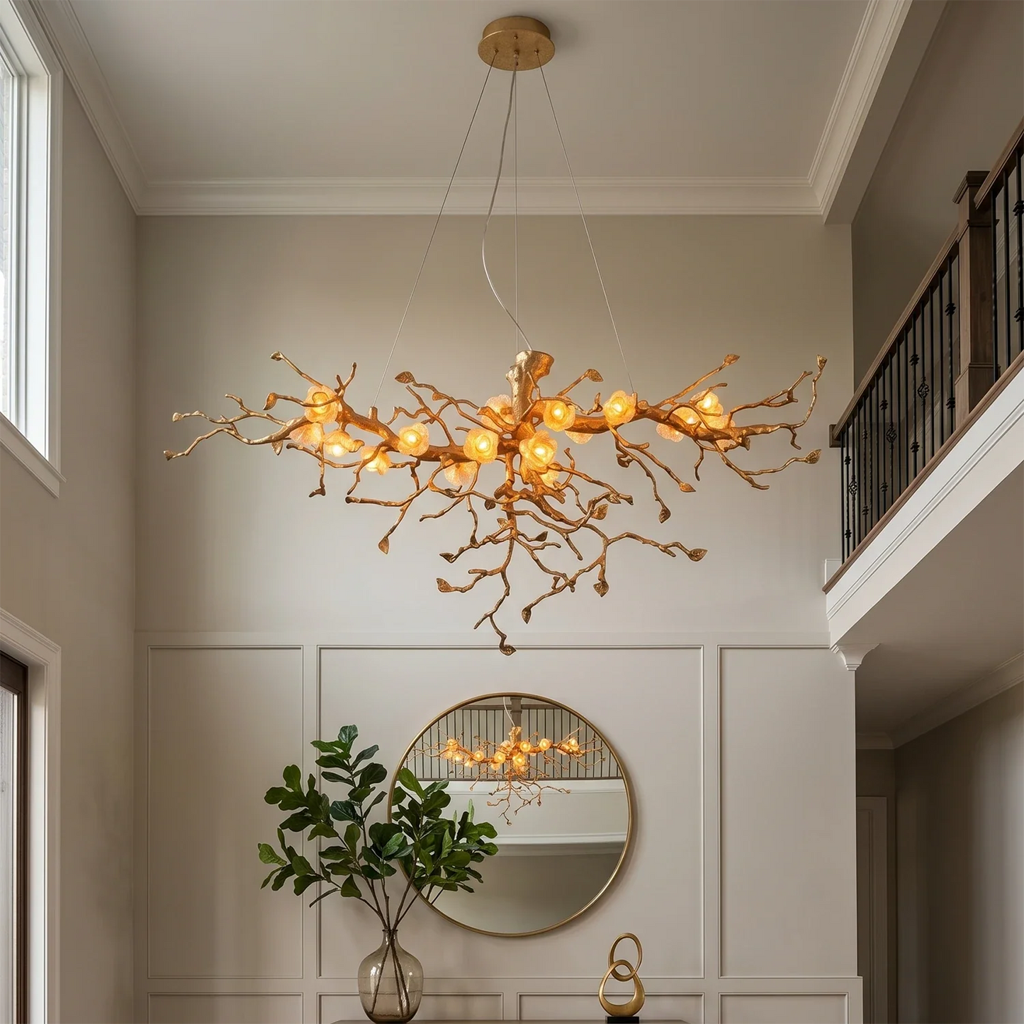 Golden Tree Branch Glass Flower Chandelier