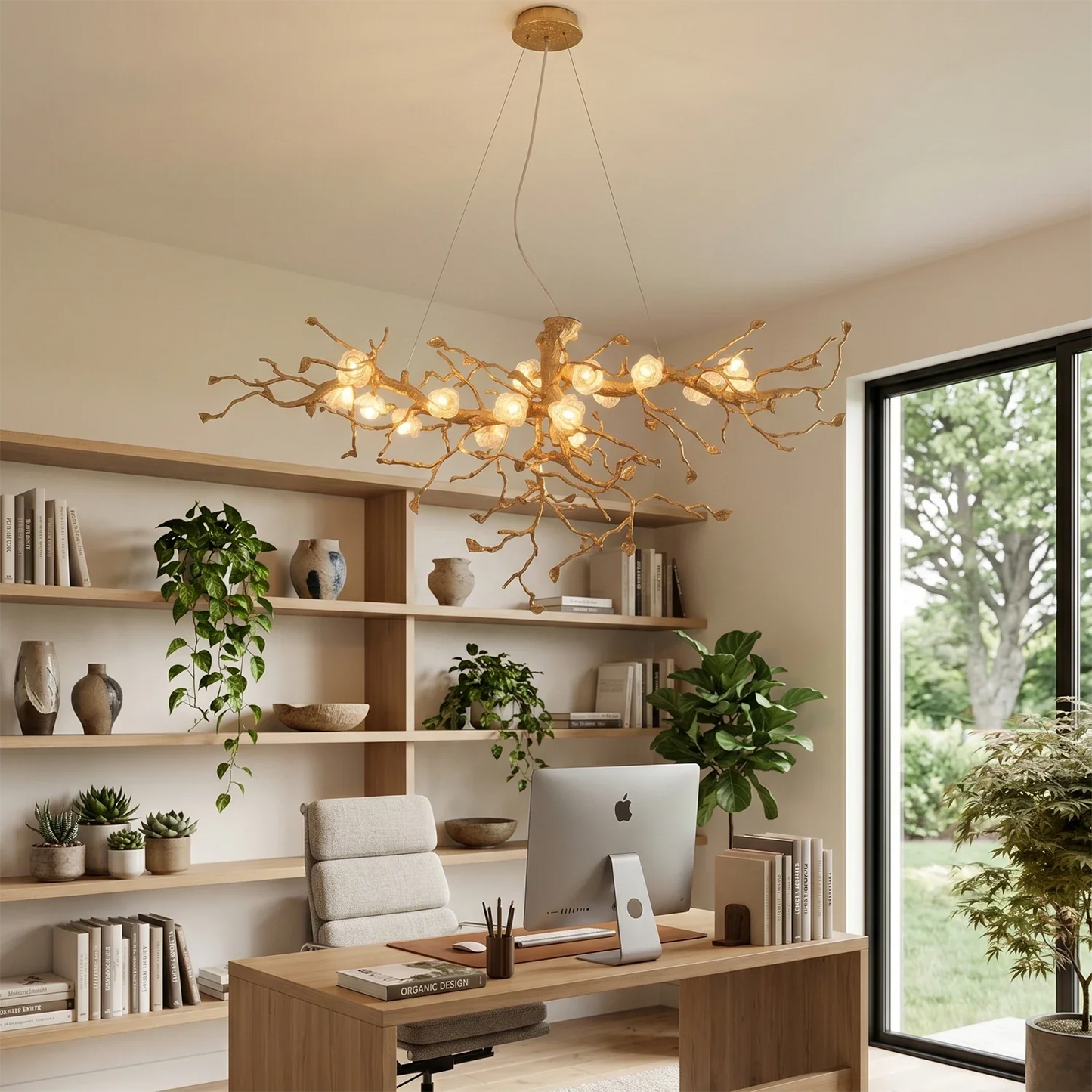 Golden Tree Branch Glass Flower Chandelier