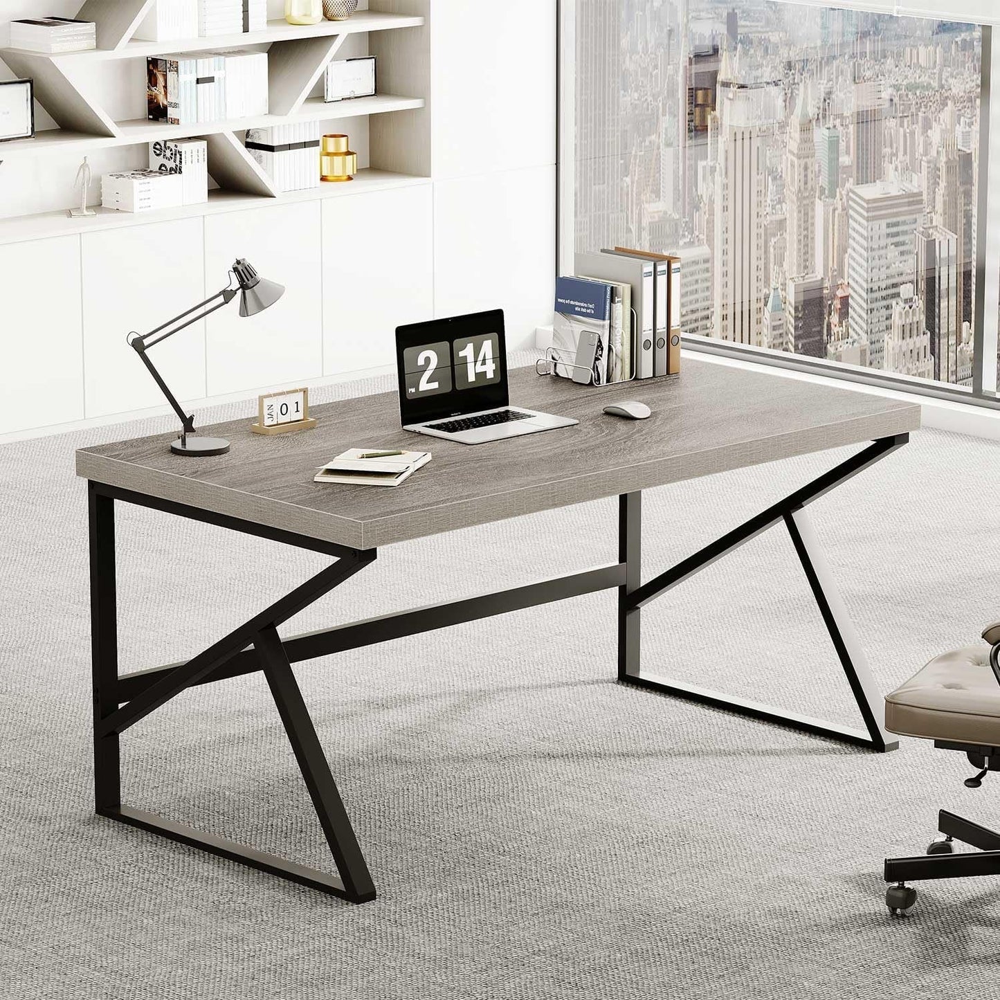 Gray Industrial Computer Desk for Home Office and Gaming