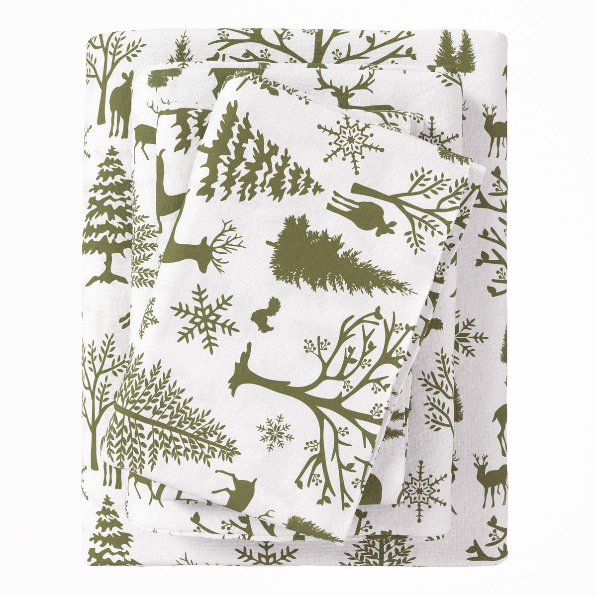 Folded fabric with green forest pattern on a white background