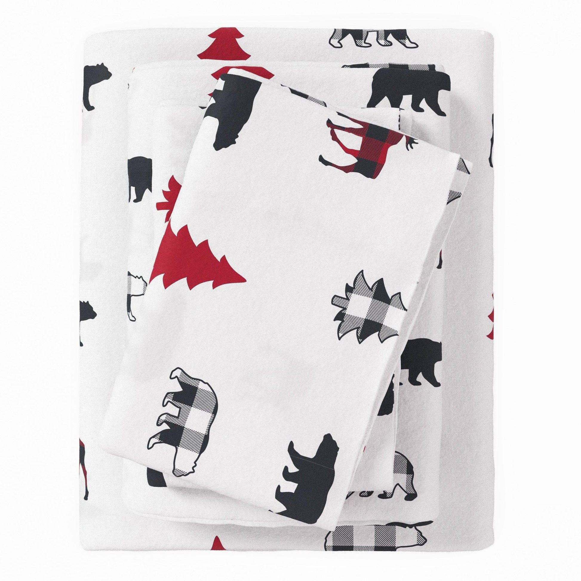 Folded fabric with bear and maple leaf pattern on a white background