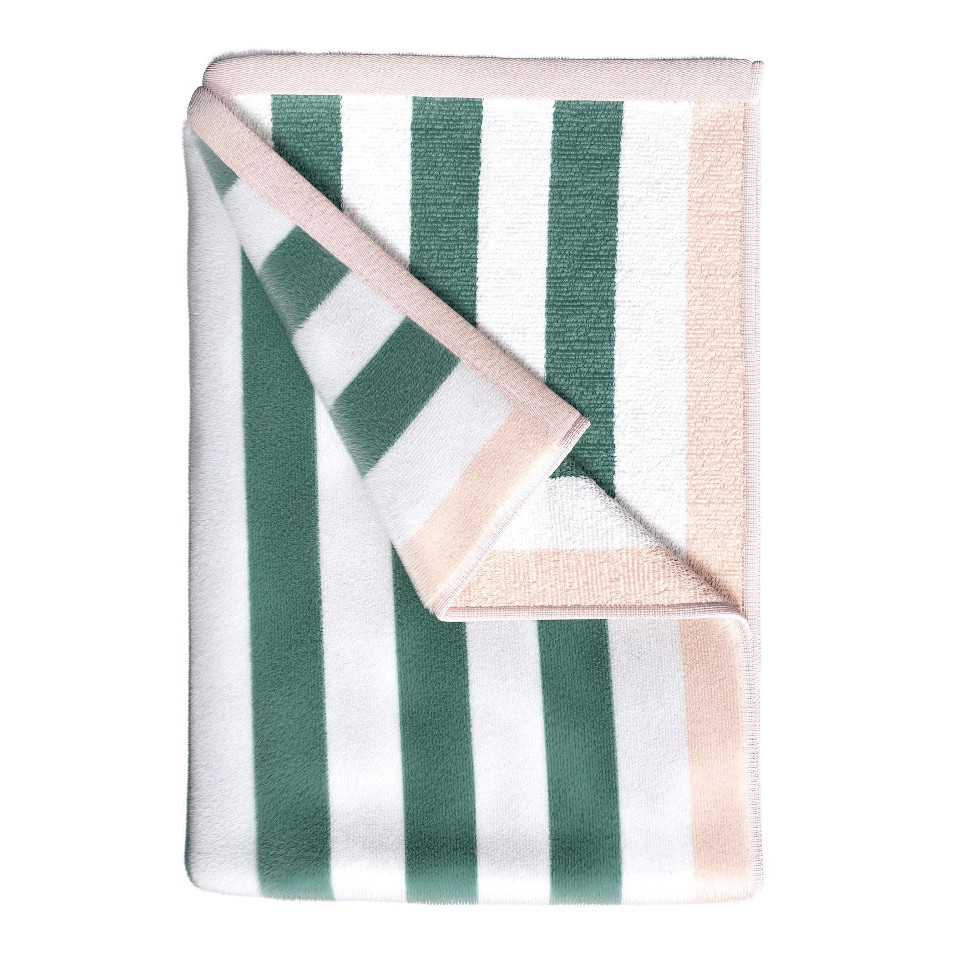 Striped towel with green, white, and pink stripes on a white background