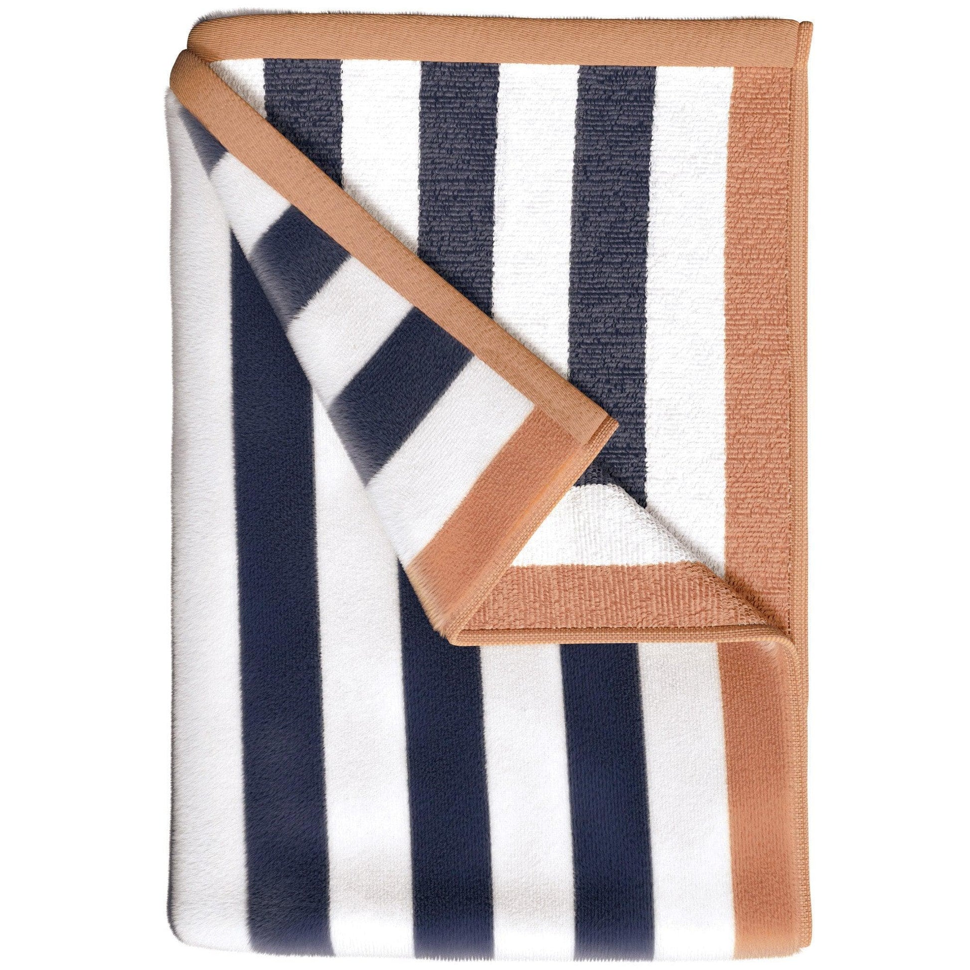Folded blanket with navy and white stripes and brown border on a white background