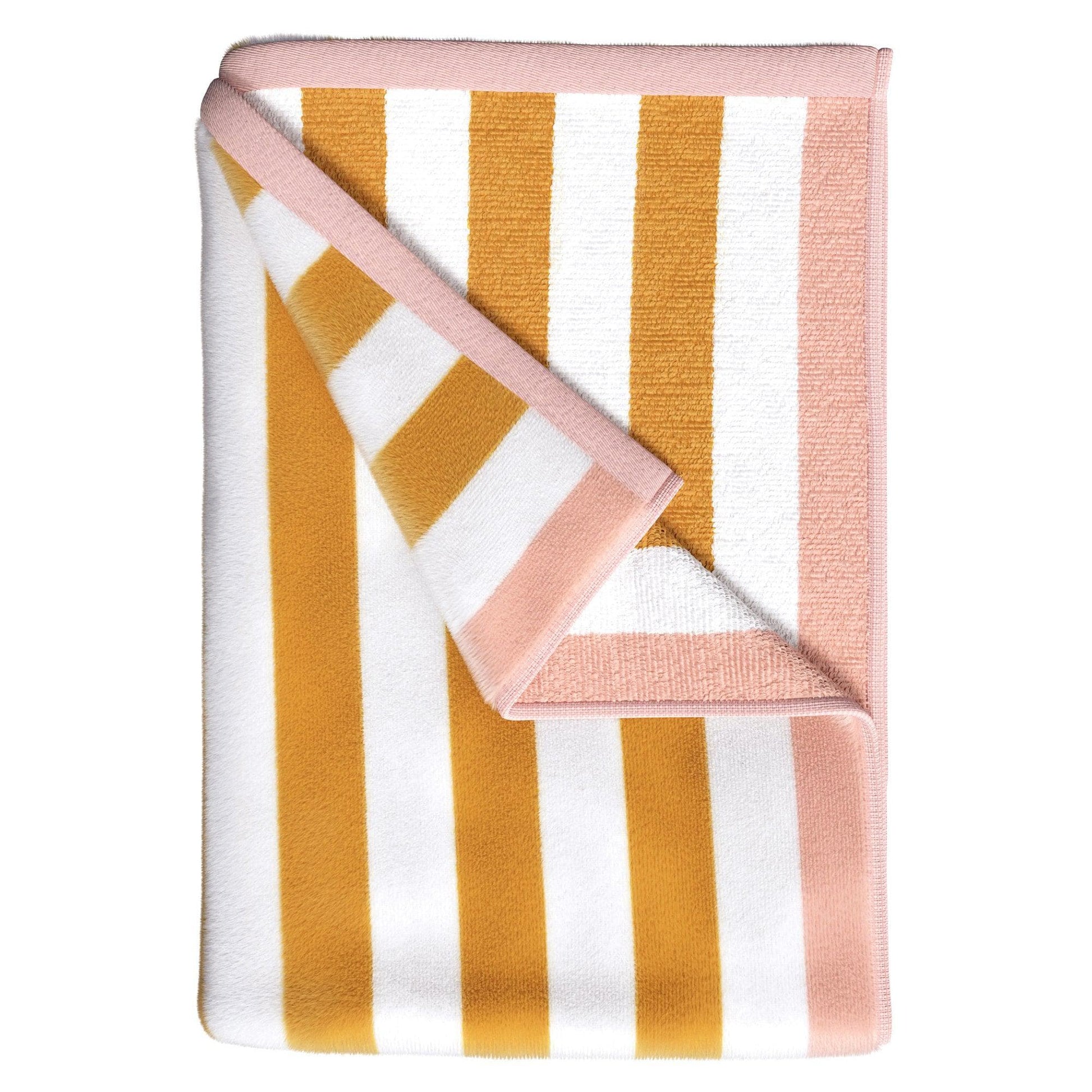 Folded towel with pink, yellow, and white stripes on a white background