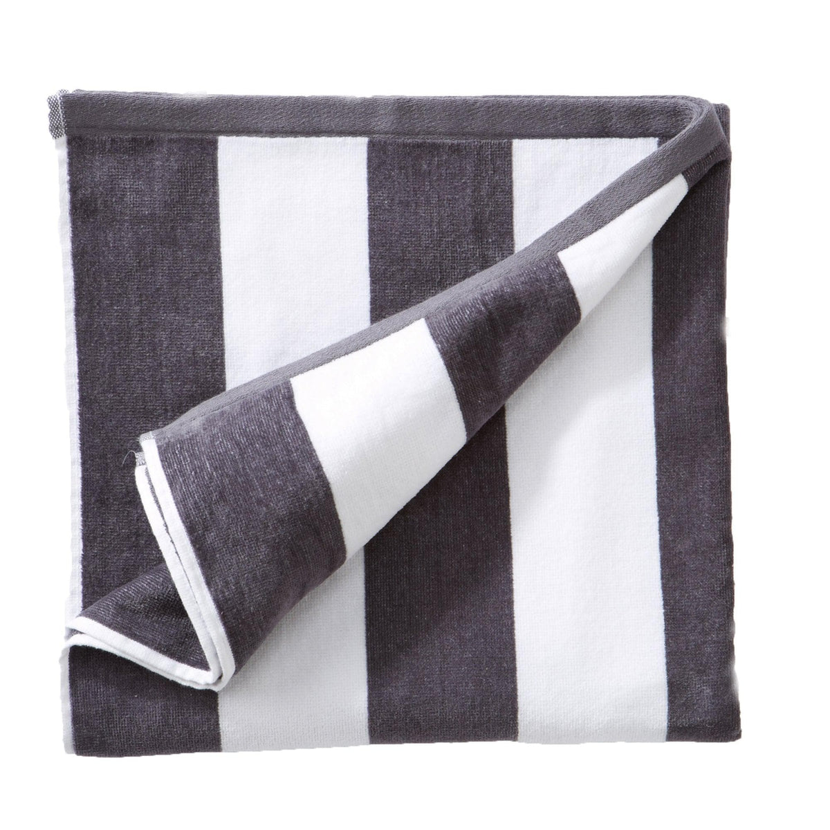 Folded gray and white striped towel on a white background