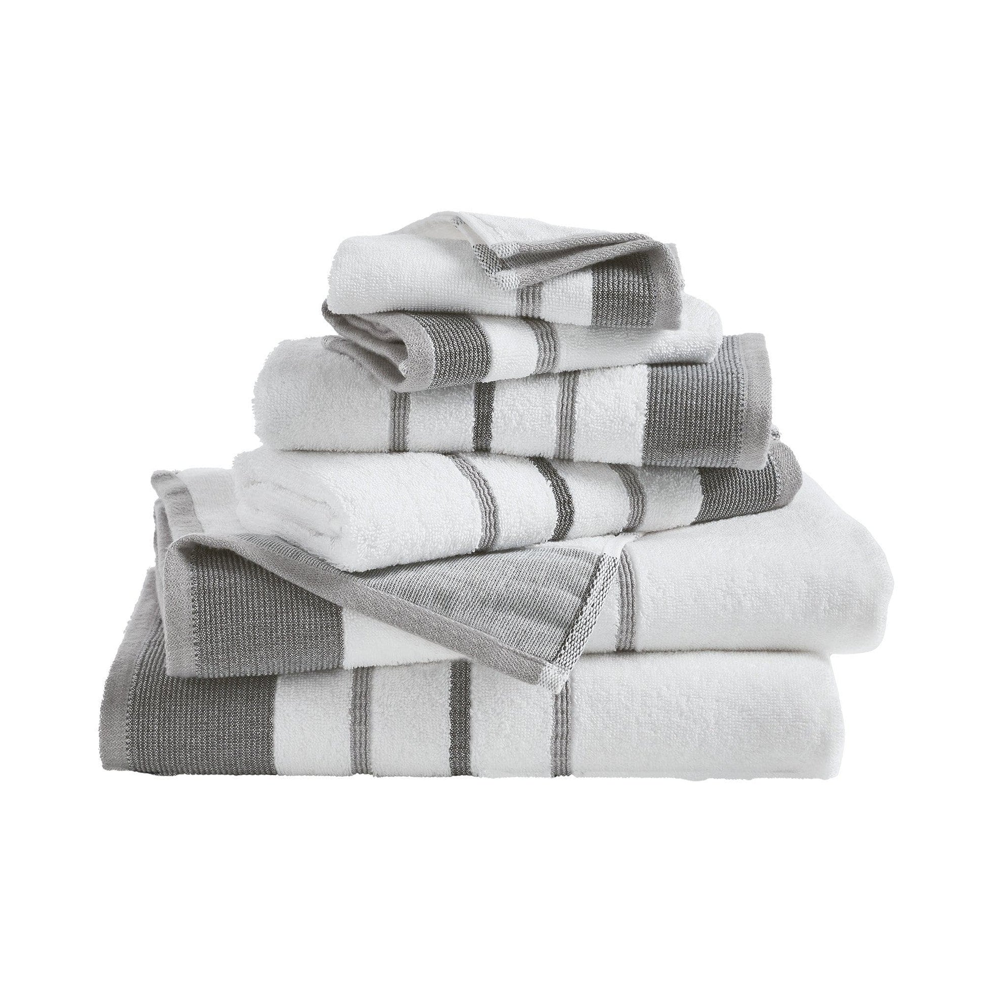 Stack of gray and white striped towels on a white background
