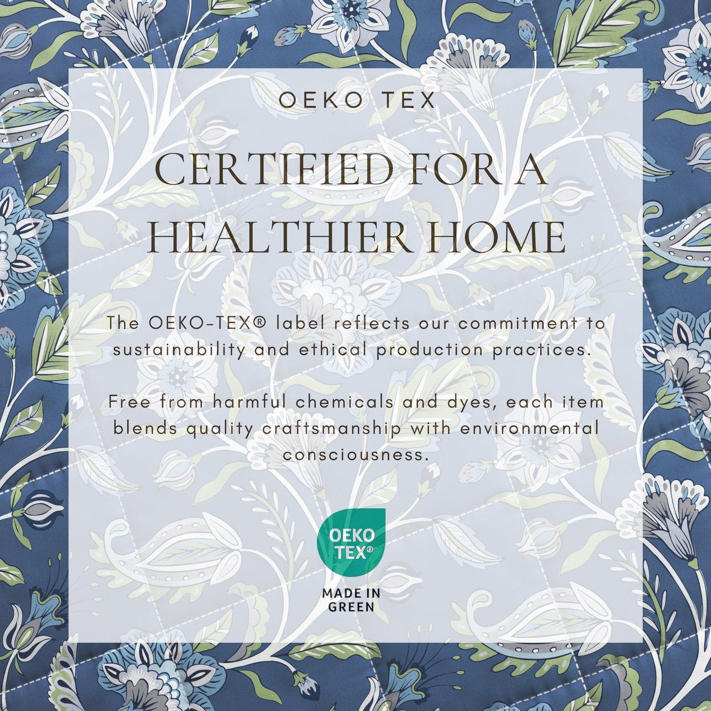 Oeko-Tex certification label on a floral background