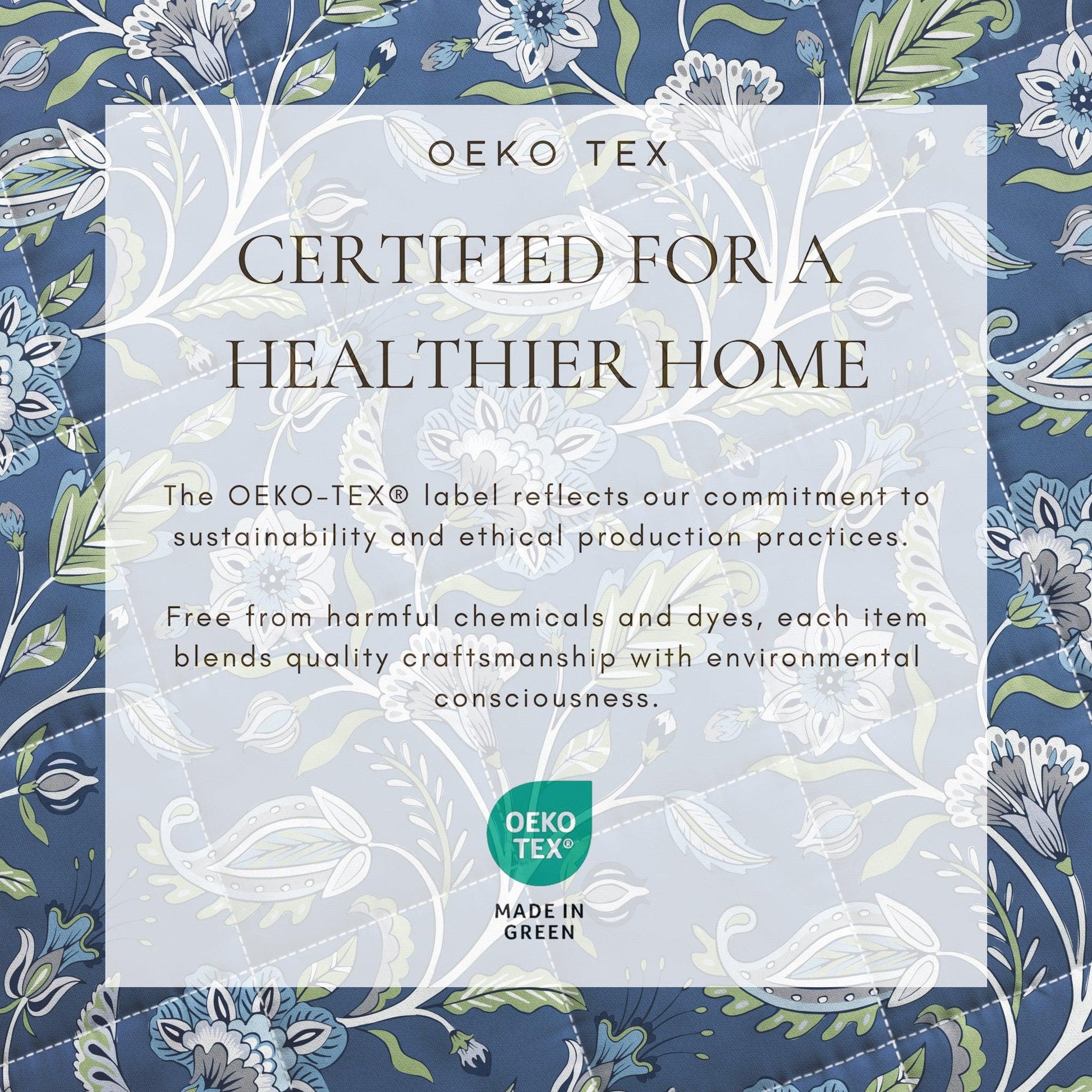 Oeko-Tex certification label on a floral background
