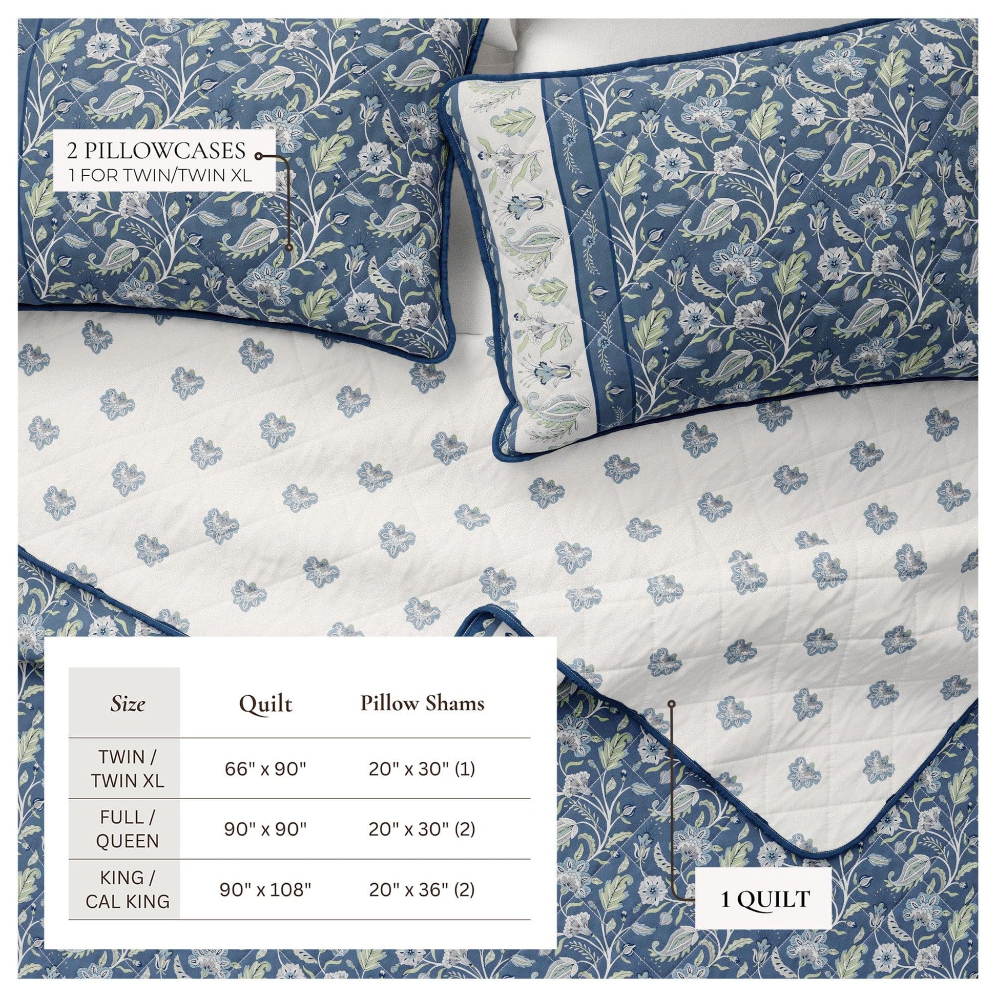 Floral patterned quilt and pillowcases on a white background with size chart.