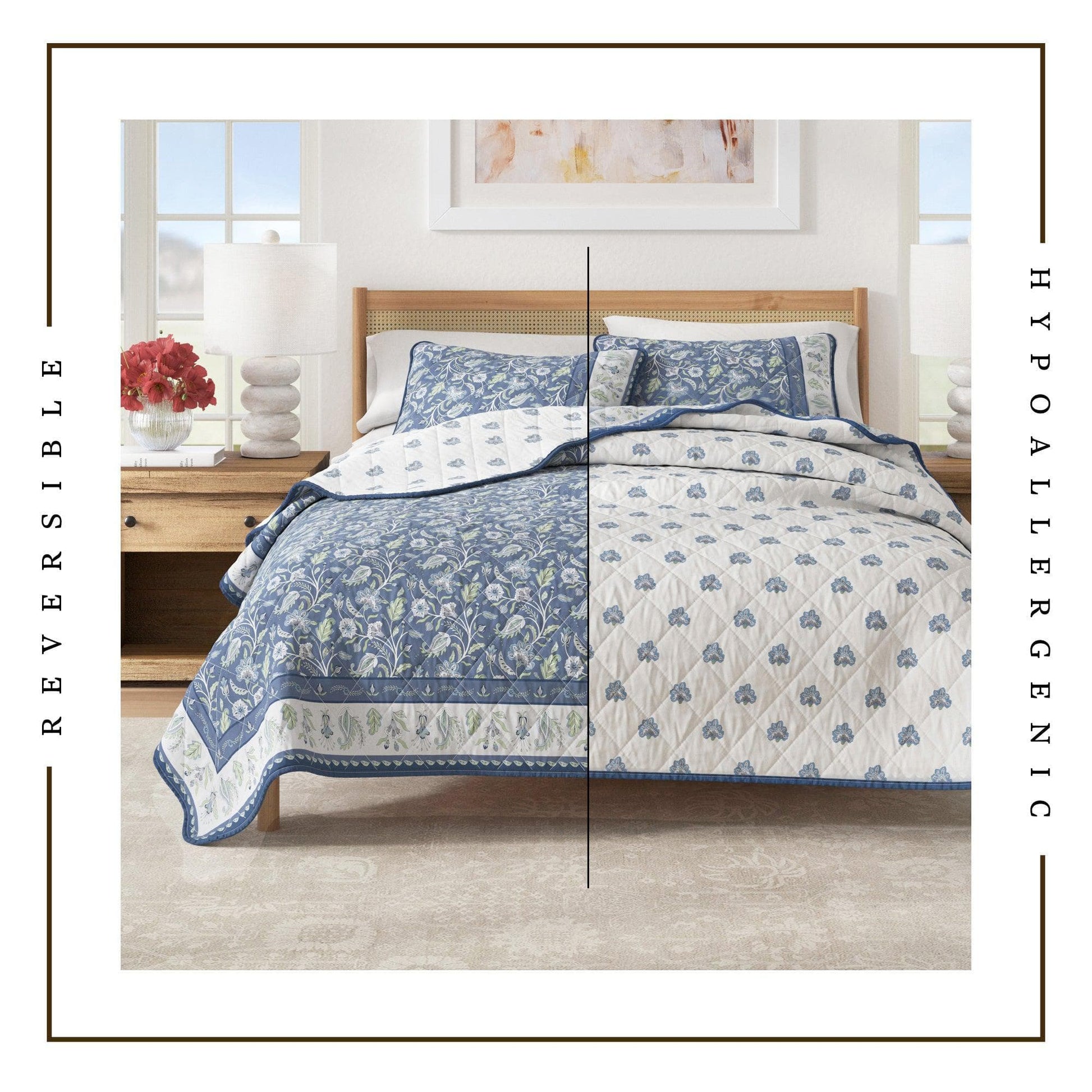 Blue and white floral reversible quilt on a bed with 'Hypoallergenic' text.