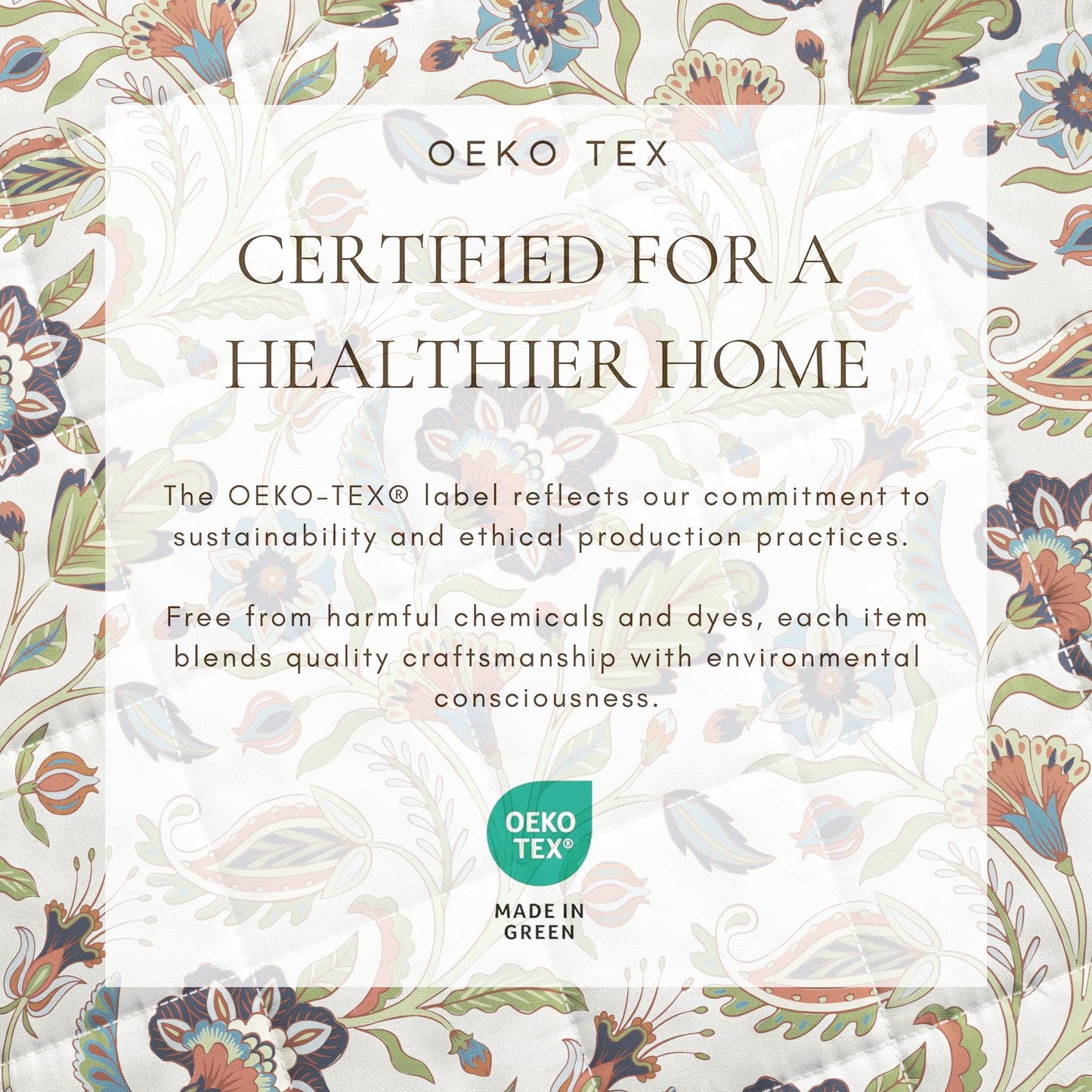 Oeko-Tex certification label with floral pattern