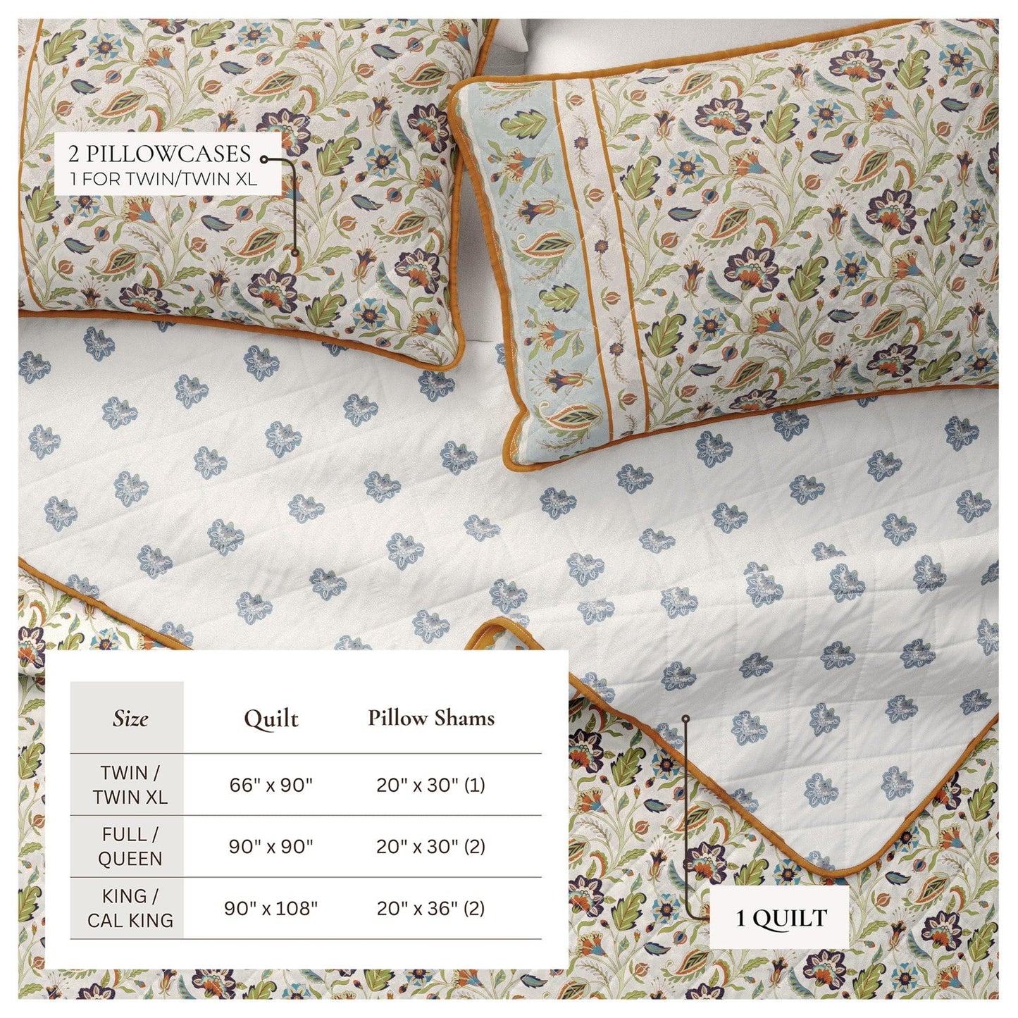 Floral patterned quilt and pillowcases on a bed with size chart overlay.