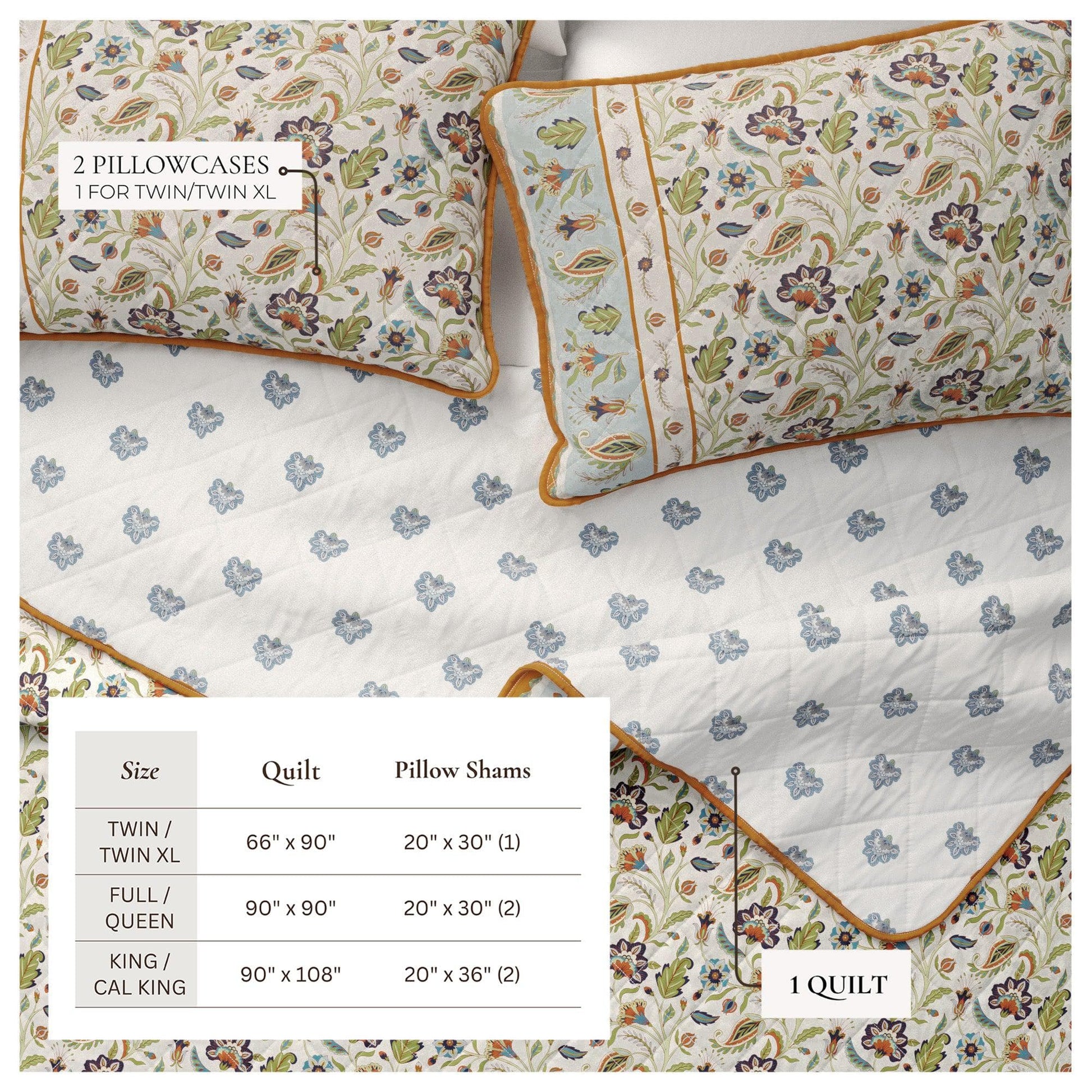 Floral patterned quilt and pillowcases on a bed with size chart overlay.
