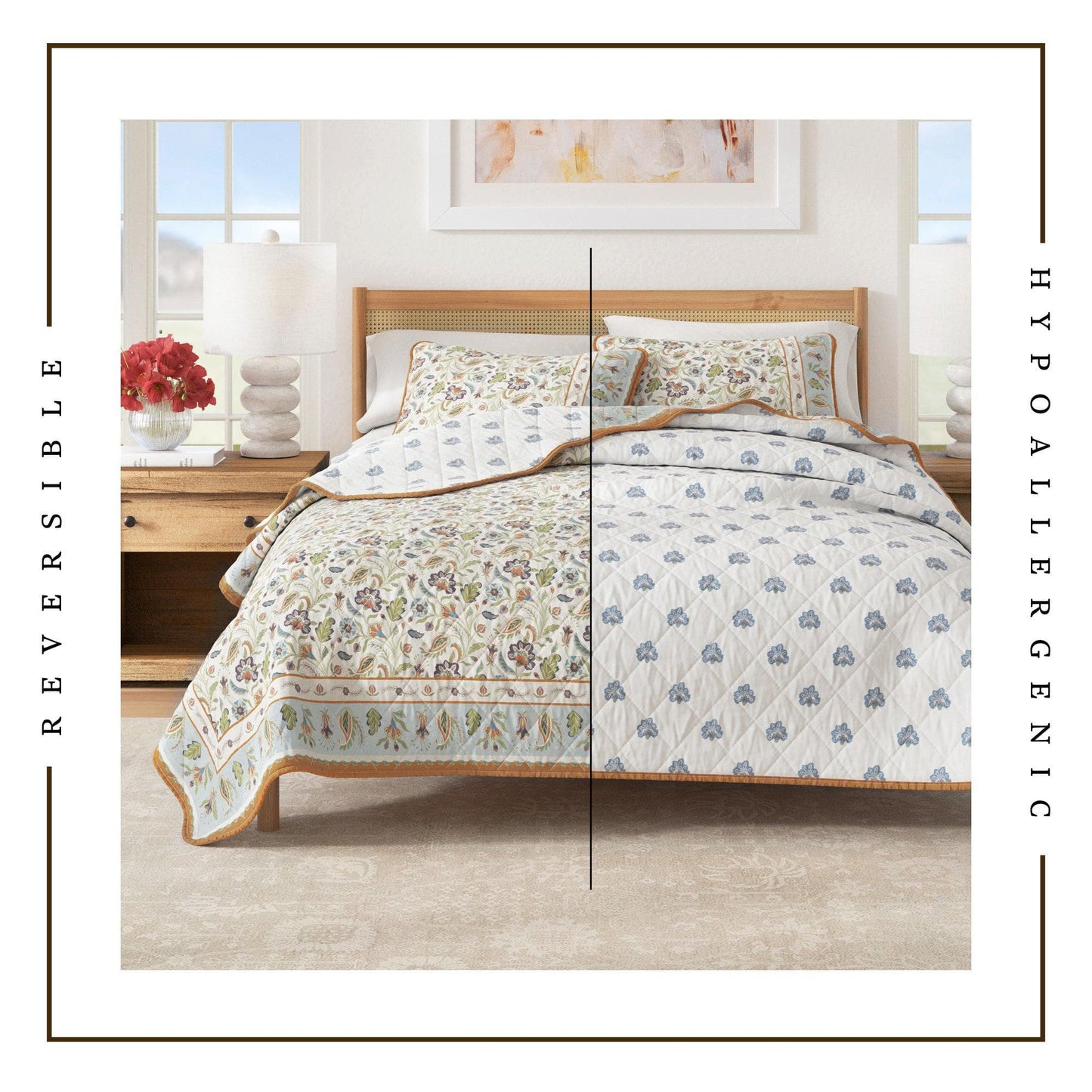 Reversible floral quilt set on a bed with 'Hypoallergenic' text.