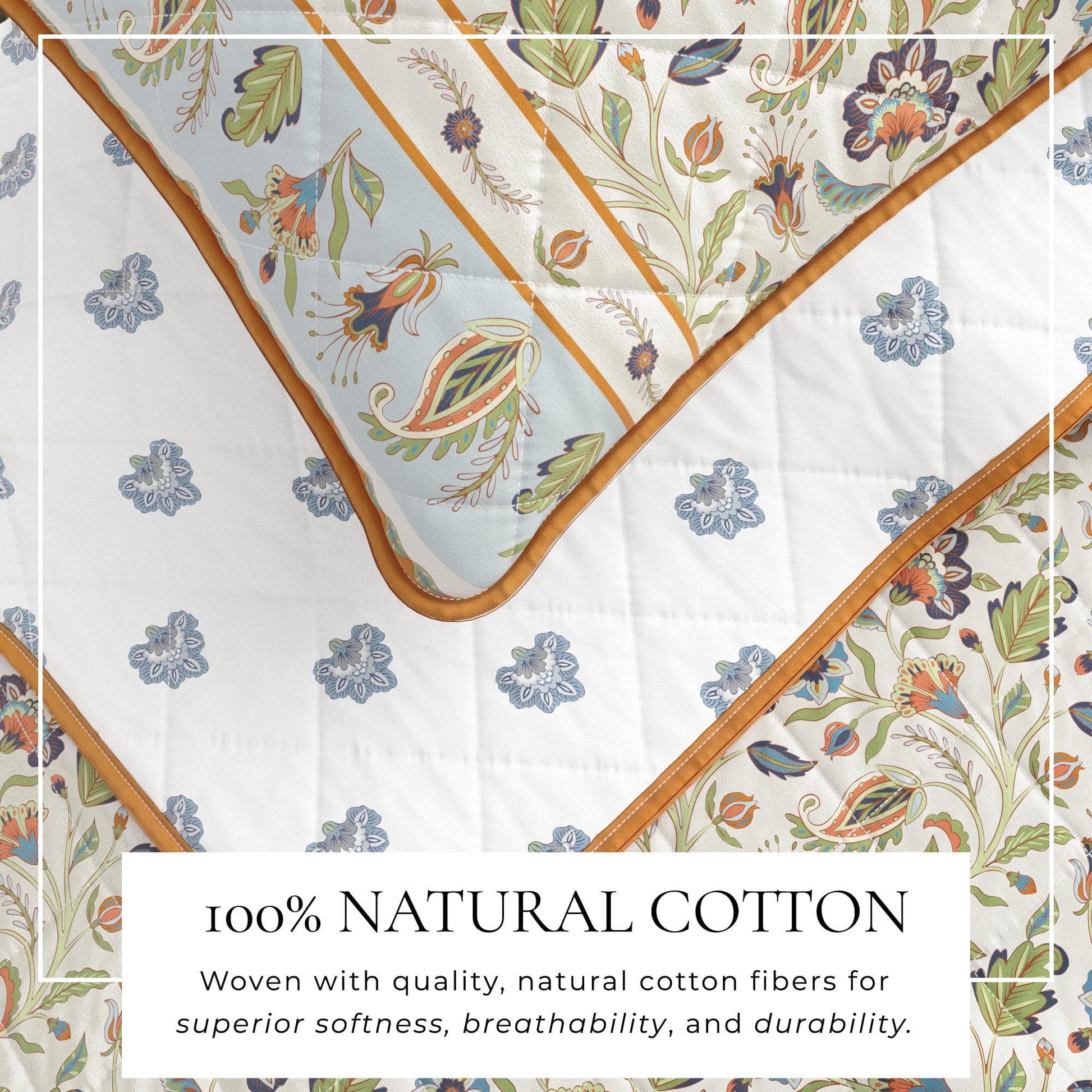 Floral patterned fabric with a border and text about 100% natural cotton.